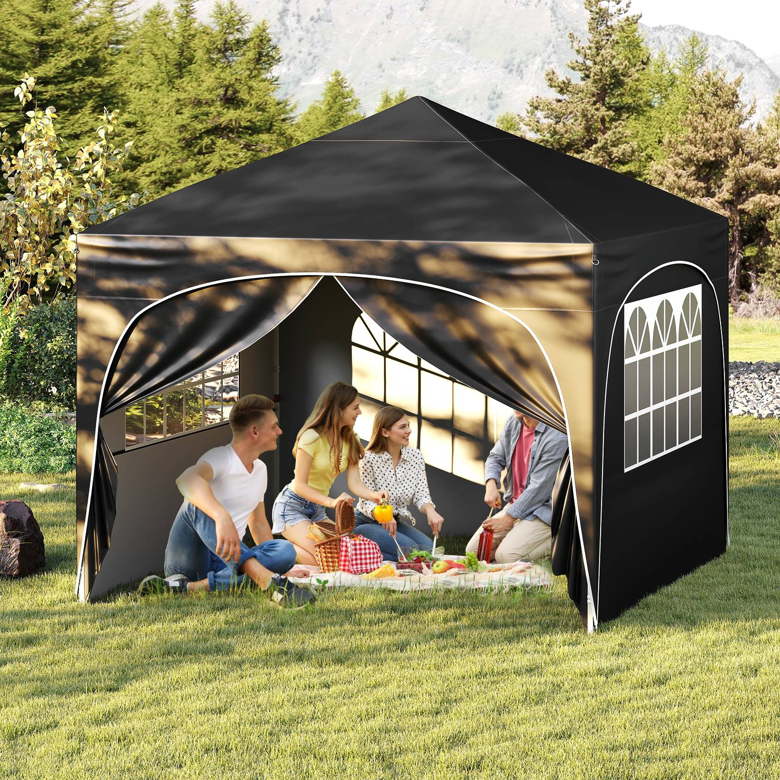 Costway - Tonnelle de Jardin 3x3M avec 4 Parois Latérales Amovibles, Tente de Reception Portable avec Sac à Roulettes, pour Fête Mariage BBQ, Noir - Image 2