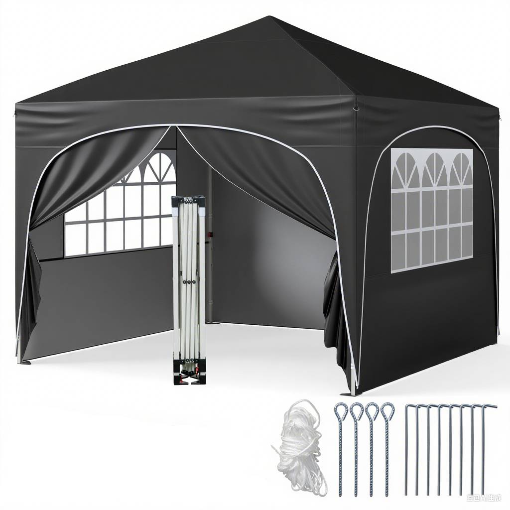 Costway - Tonnelle de Jardin 3x3M avec 4 Parois Latérales Amovibles, Tente de Reception Portable avec Sac à Roulettes, pour Fête Mariage BBQ, Noir - Image 1