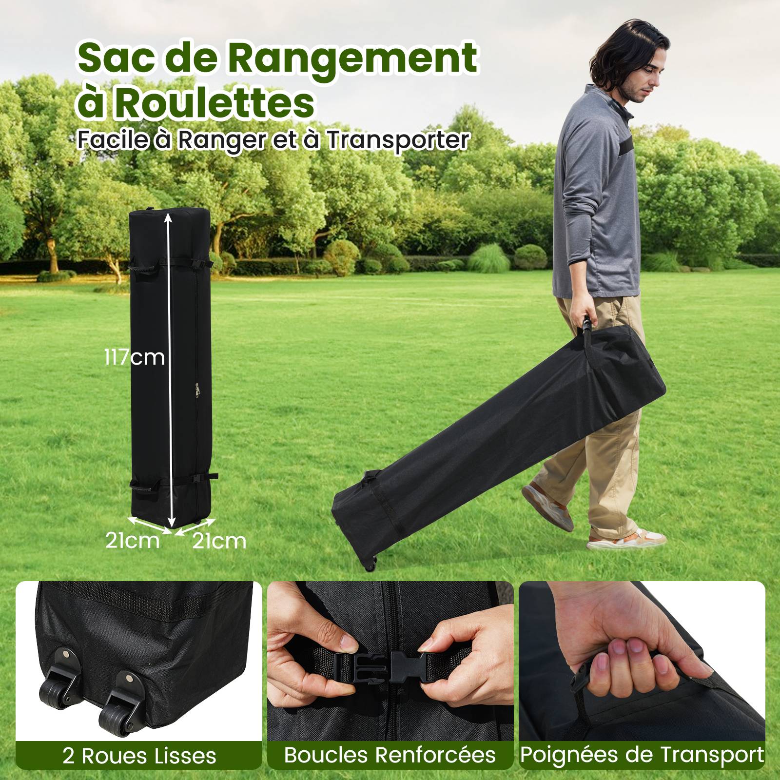 Costway - Tonnelle de Jardin 3x3M avec 4 Parois Latérales Amovibles, Tente de Reception Portable avec Sac à Roulettes, pour Fête Mariage BBQ, Noir - Image 5