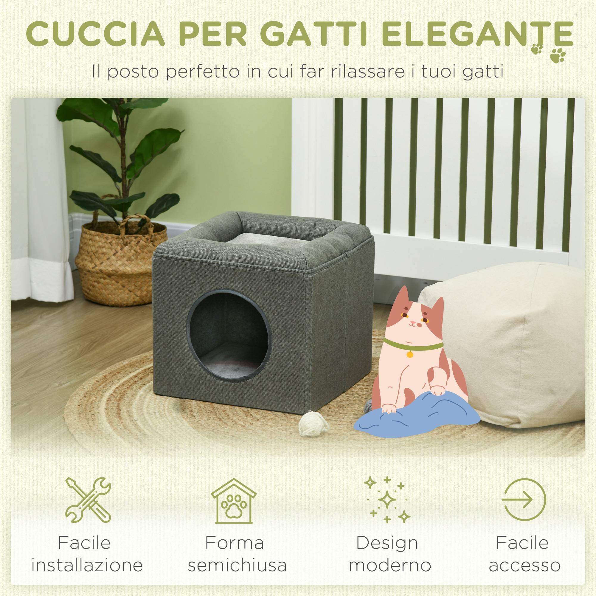 Maison pour chat à 2 niveaux avec coussin en peluche, en bois, polyester et plastique, 36,5 x 36,5 x 33 cm, verte - Image 9