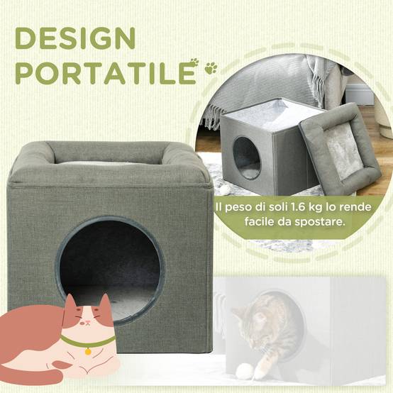 Maison pour chat à 2 niveaux avec coussin en peluche, en bois, polyester et plastique, 36,5 x 36,5 x 33 cm, verte - Image 8