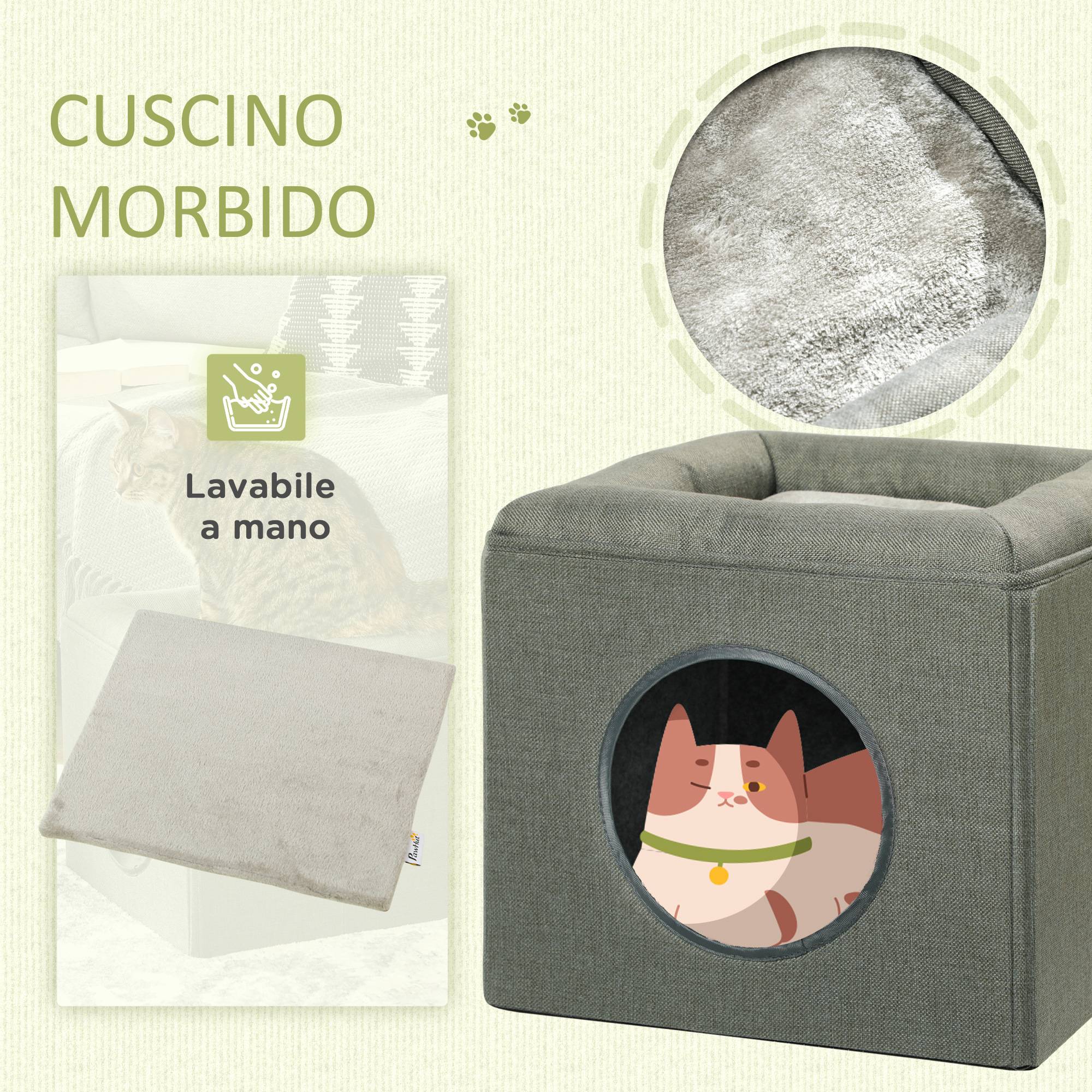Maison pour chat à 2 niveaux avec coussin en peluche, en bois, polyester et plastique, 36,5 x 36,5 x 33 cm, verte - Image 7