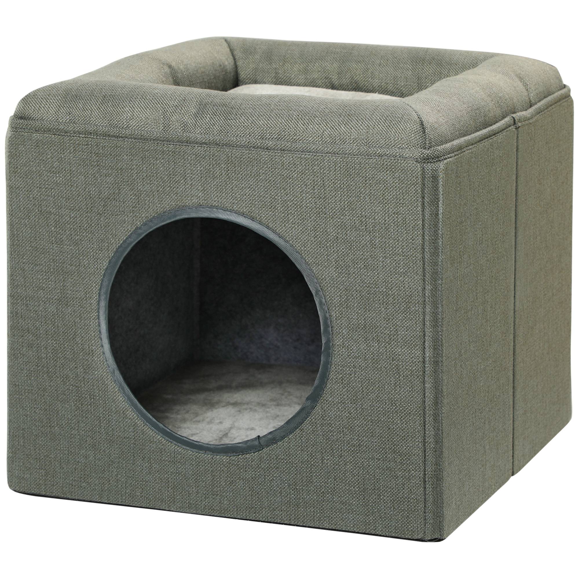 Maison pour chat à 2 niveaux avec coussin en peluche, en bois, polyester et plastique, 36,5 x 36,5 x 33 cm, verte - Image 2