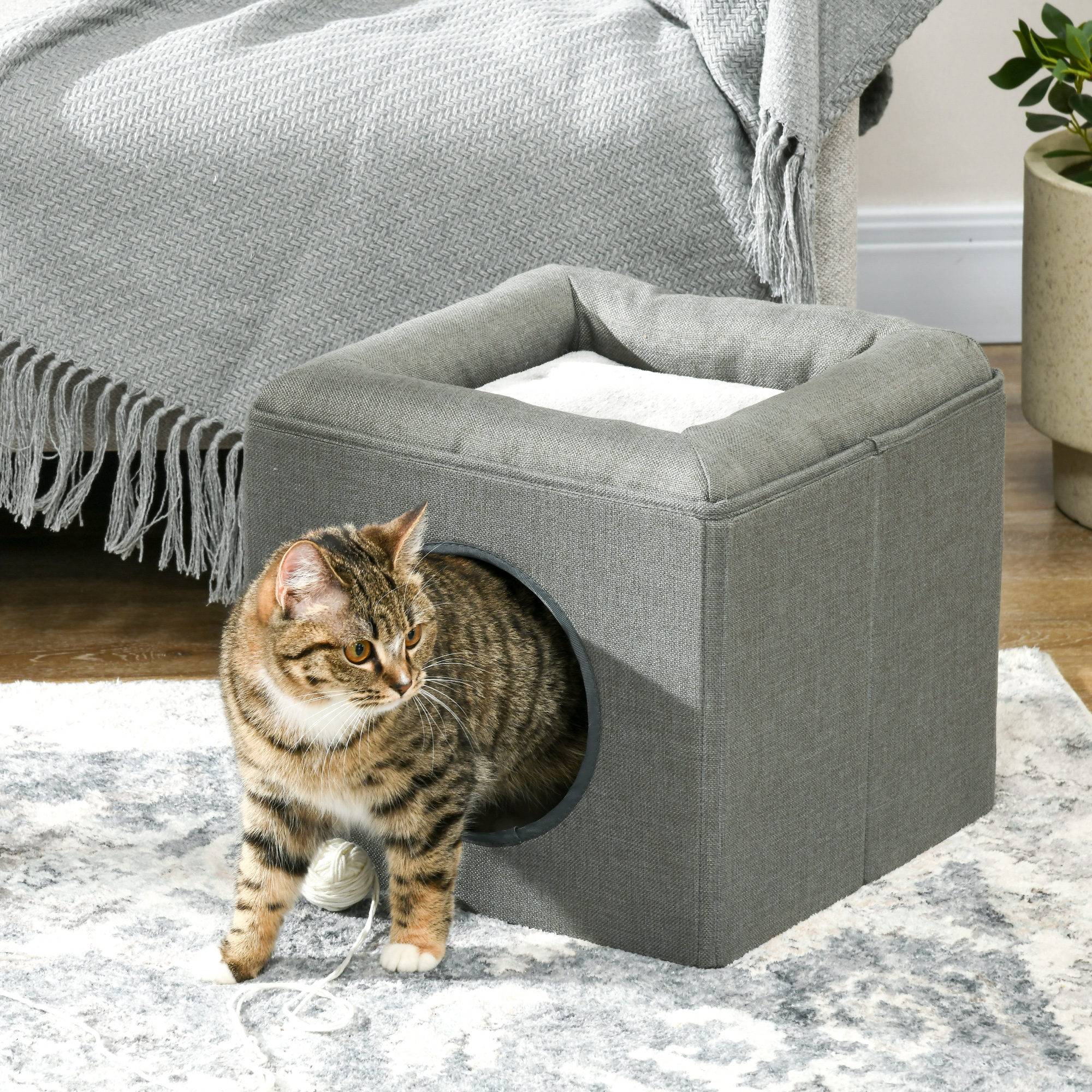 Maison pour chat à 2 niveaux avec coussin en peluche, en bois, polyester et plastique, 36,5 x 36,5 x 33 cm, verte - Image 3