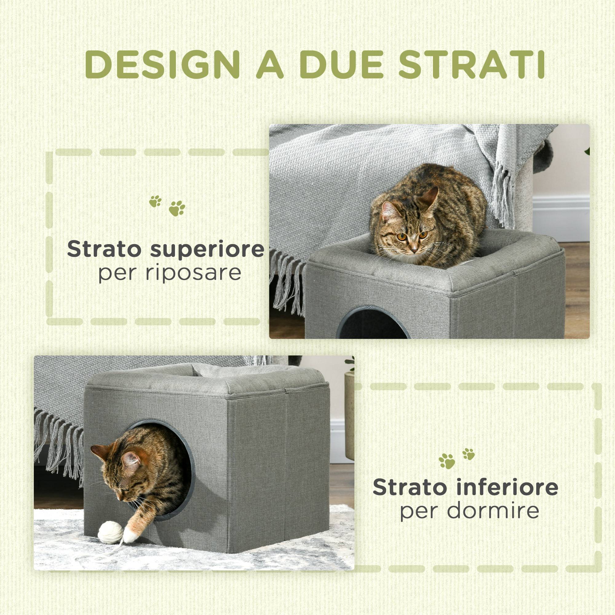 Maison pour chat à 2 niveaux avec coussin en peluche, en bois, polyester et plastique, 36,5 x 36,5 x 33 cm, verte - Image 6