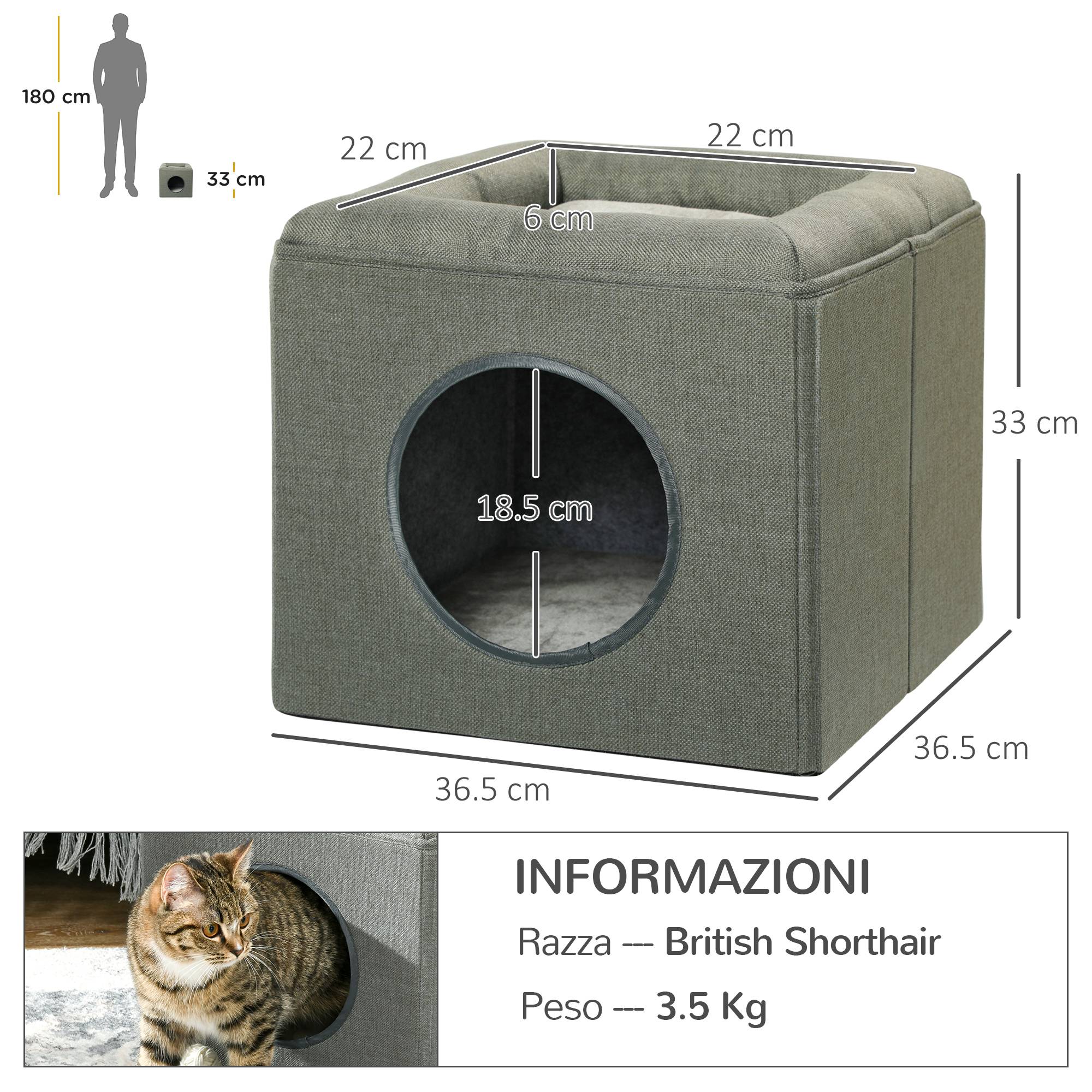 Maison pour chat à 2 niveaux avec coussin en peluche, en bois, polyester et plastique, 36,5 x 36,5 x 33 cm, verte - Image 5
