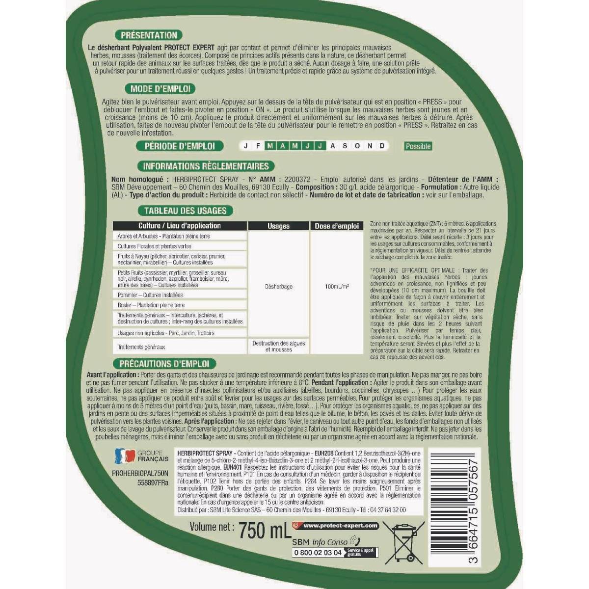 0 - PROTECT EXPERT Désherbant Polyvalent 750 ml - Elimine Les Mauvaises Herbes Et Mousses - Prêt-A-L'Emploi - Agit en 2 heures - Image 2