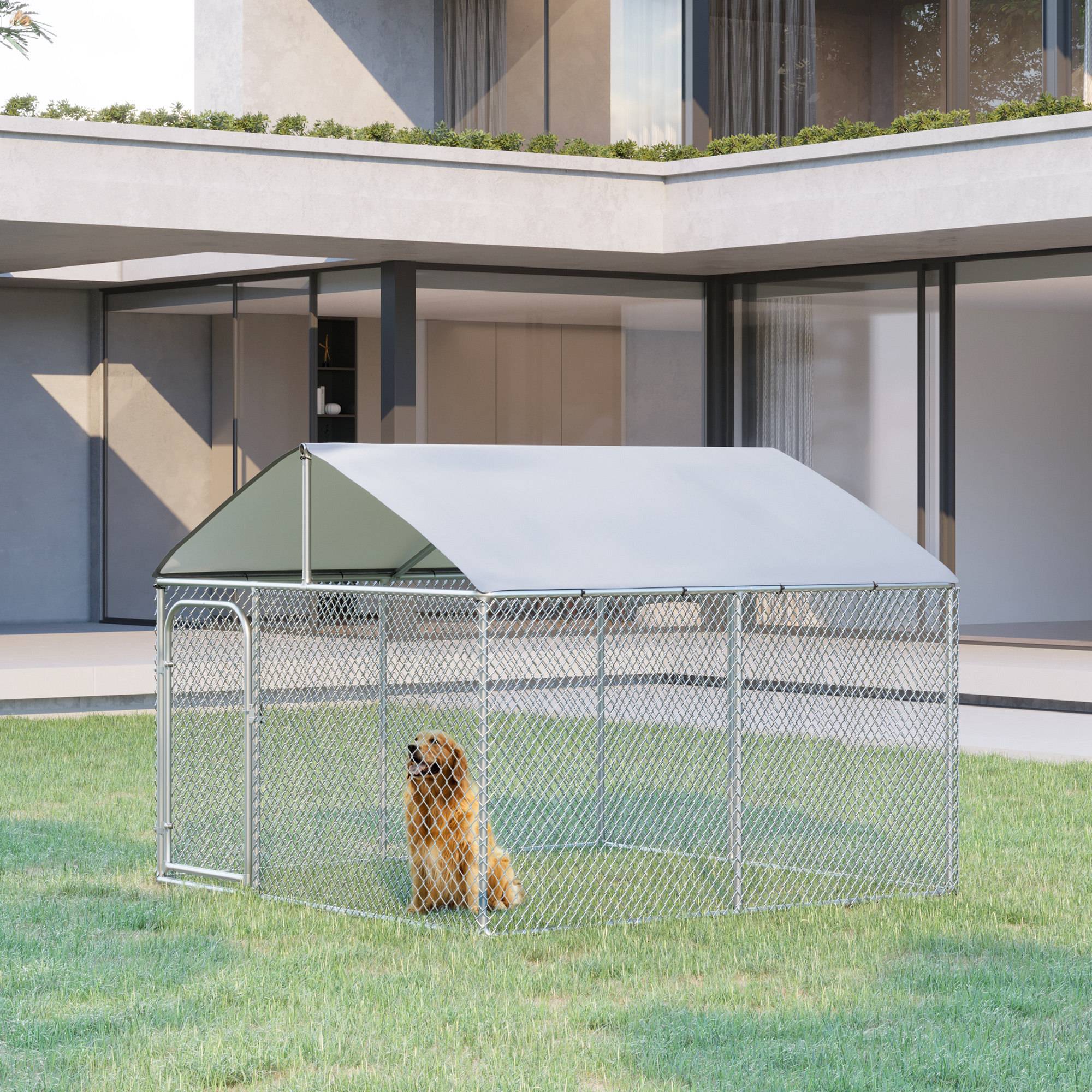 Sans Marque - Chenil extérieur avec toit pour chien 5 m² parc grillagé espace couvert acier galvanisé 230 x 230 x 175 cm - Image 4
