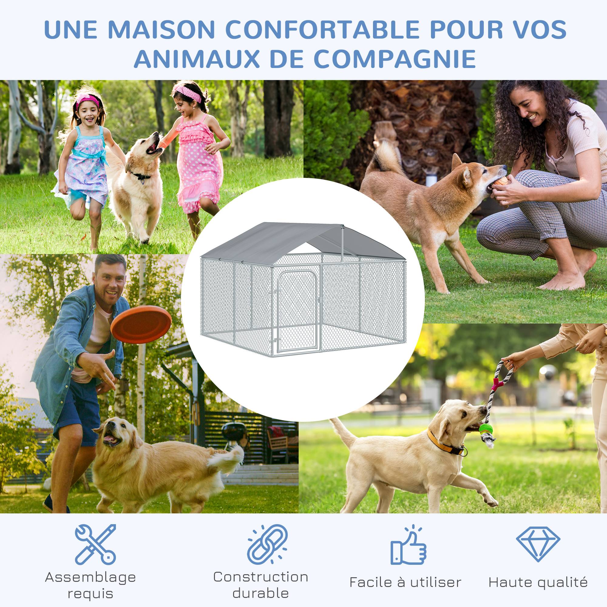 Sans Marque - Chenil extérieur avec toit pour chien 5 m² parc grillagé espace couvert acier galvanisé 230 x 230 x 175 cm - Image 9