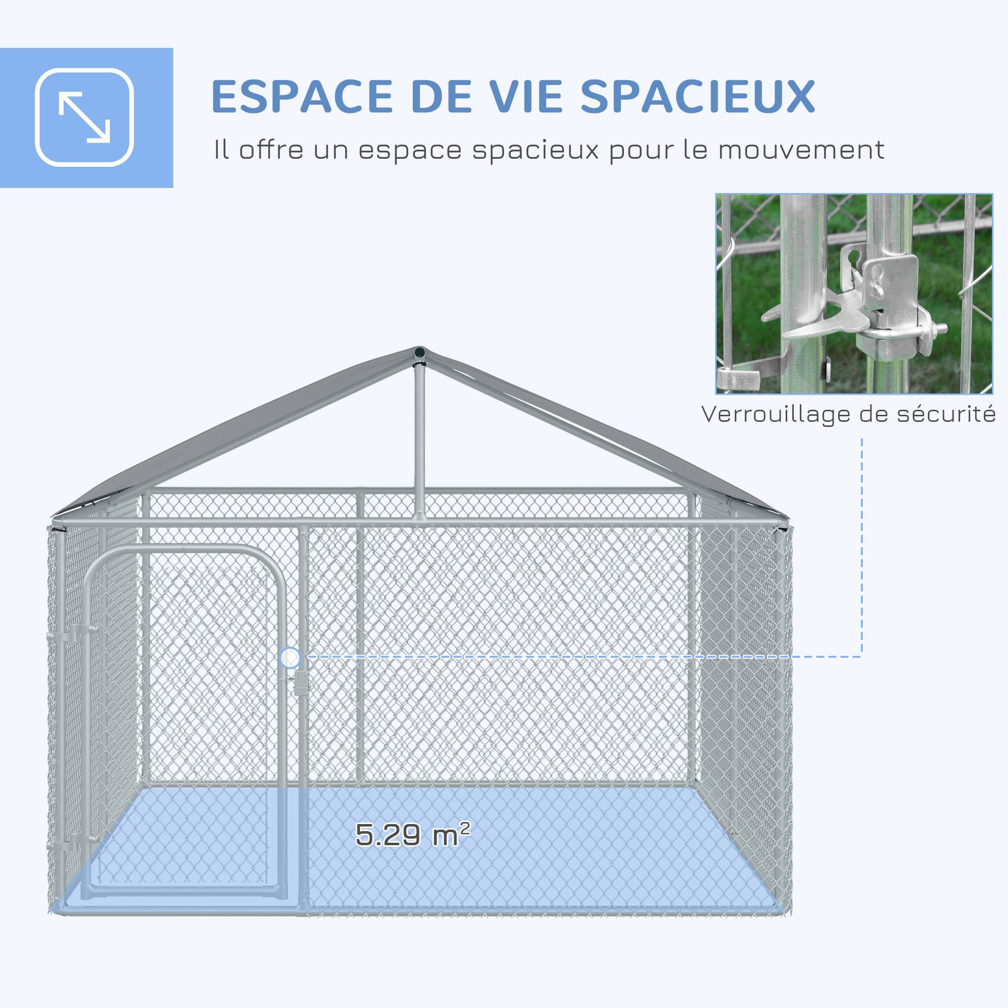 Sans Marque - Chenil extérieur avec toit pour chien 5 m² parc grillagé espace couvert acier galvanisé 230 x 230 x 175 cm - Image 6