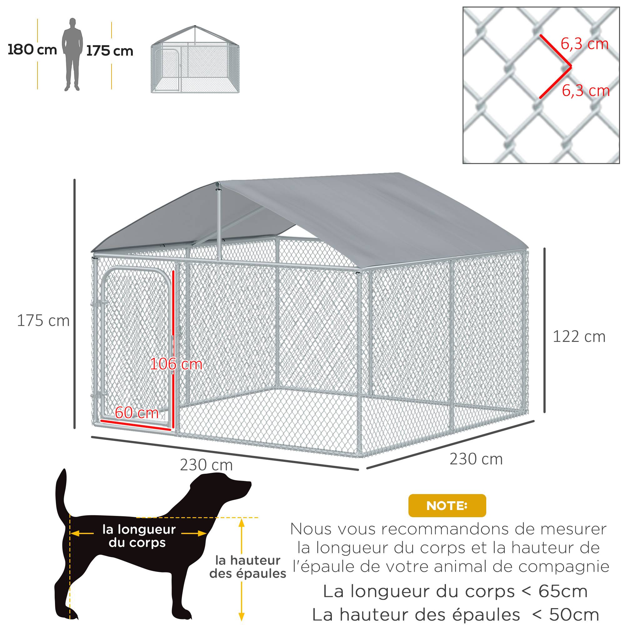 Sans Marque - Chenil extérieur avec toit pour chien 5 m² parc grillagé espace couvert acier galvanisé 230 x 230 x 175 cm - Image 5