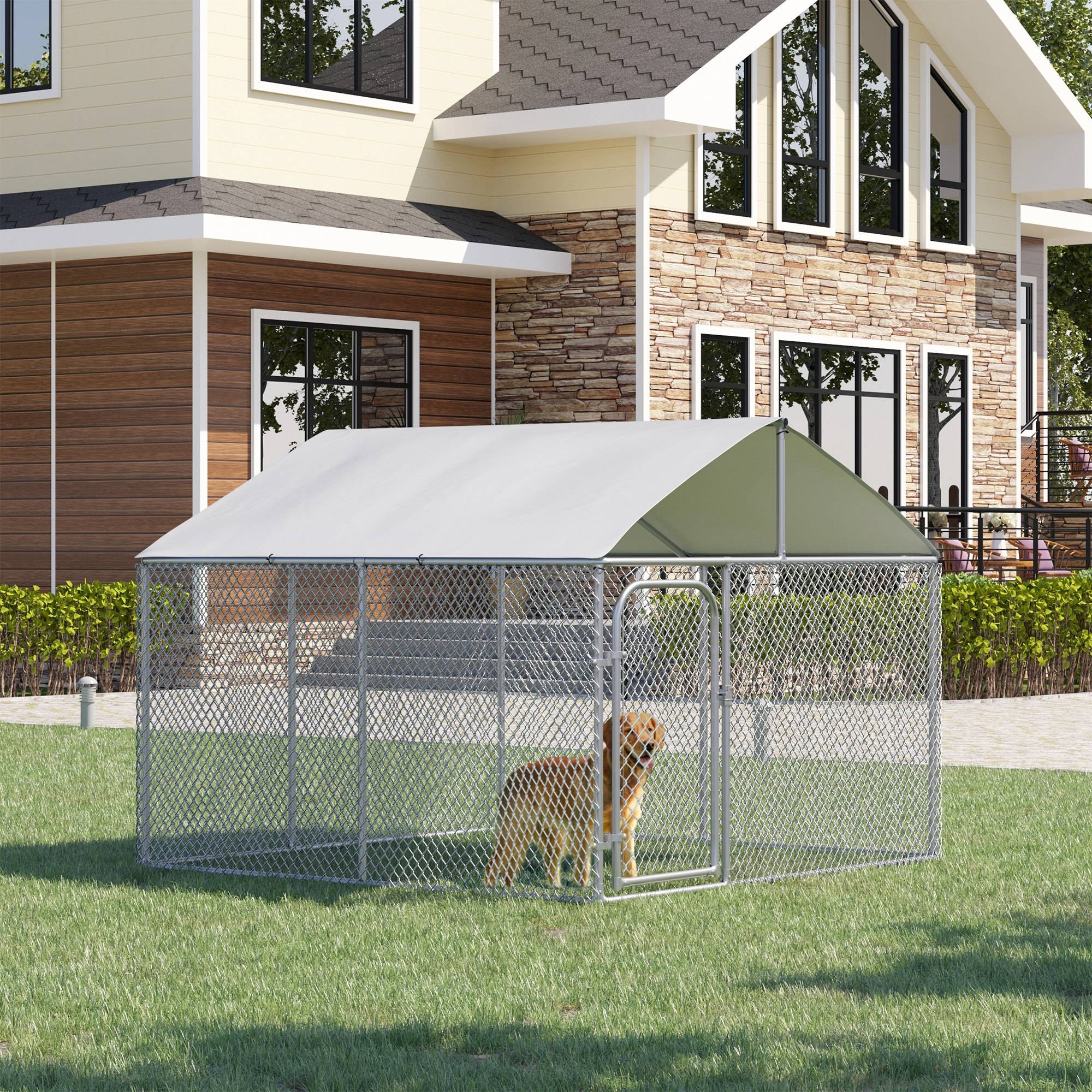 Sans Marque - Chenil extérieur avec toit pour chien 5 m² parc grillagé espace couvert acier galvanisé 230 x 230 x 175 cm - Image 3