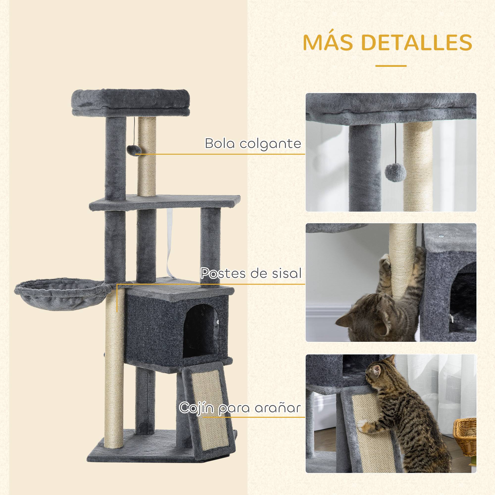 Arbre à Chat Design Moderne avec Niche Hamac et Rampe Griffoir Sisal en Peluche 127 cm Gris - ComfortXL Outdoor Living - Image 7