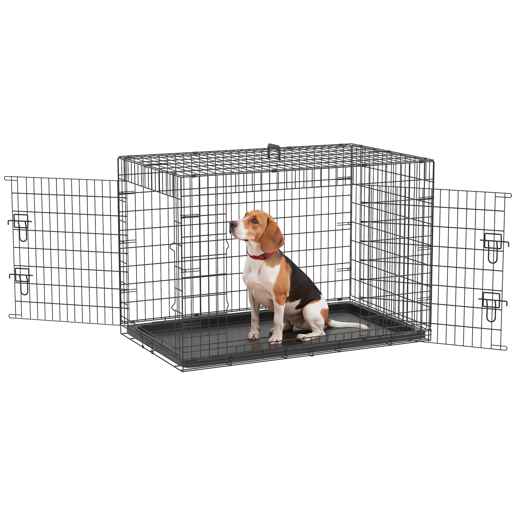 Cage pour chien pliable, transport, 2 portes, bac amovible, poignée, 90x57,5x62 cm, noir - Image 1