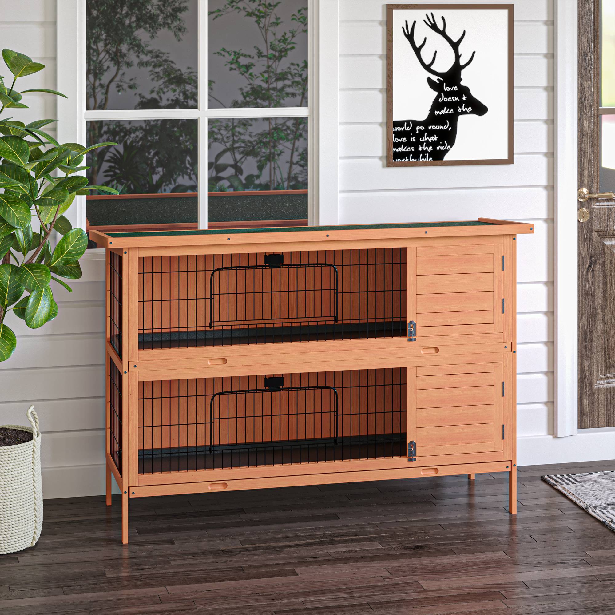 Clapier Lapin Bois Sapin Double Étage Extérieur Toit Bitumé 136cm Orange - ComfortXL Pet Living - Image 1