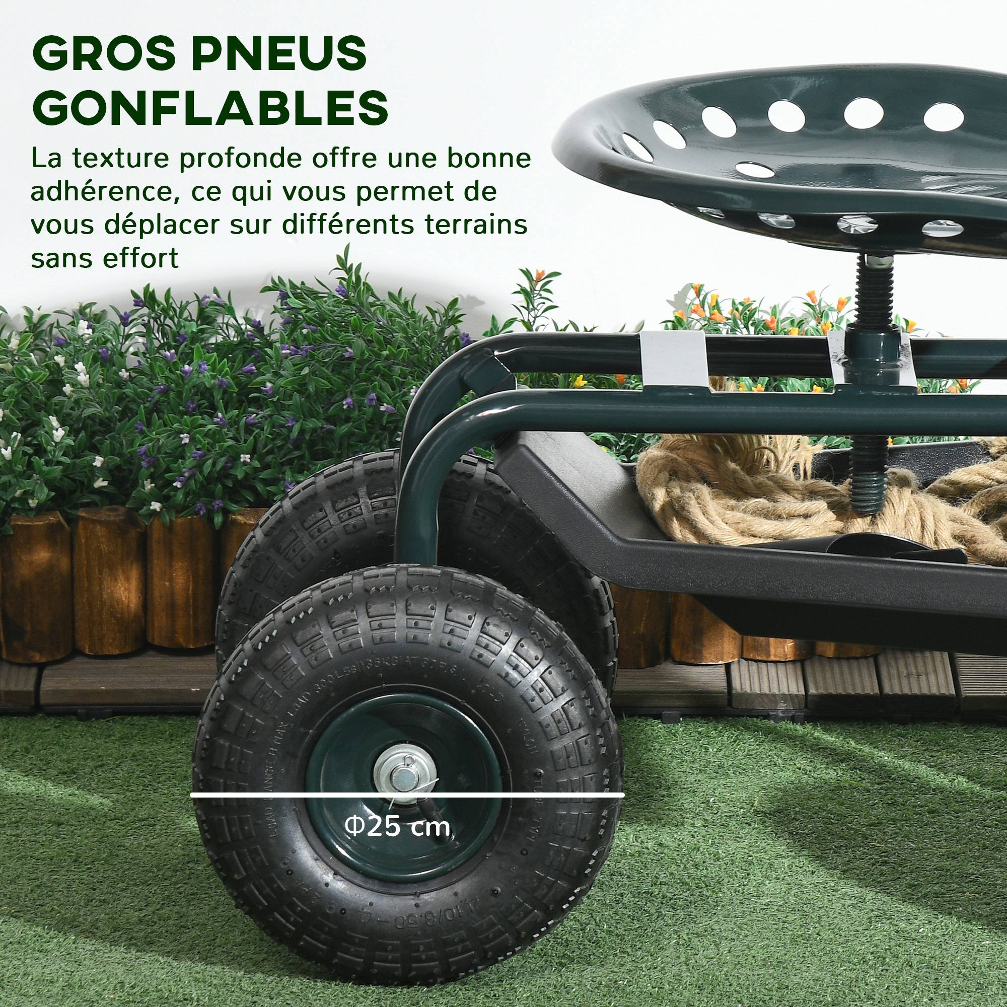 Outsunny - Chaise roulante pivotante 360° réglable en hauteur avec plateau outils charge max. 150 kg vert - Outsunny - Image 5