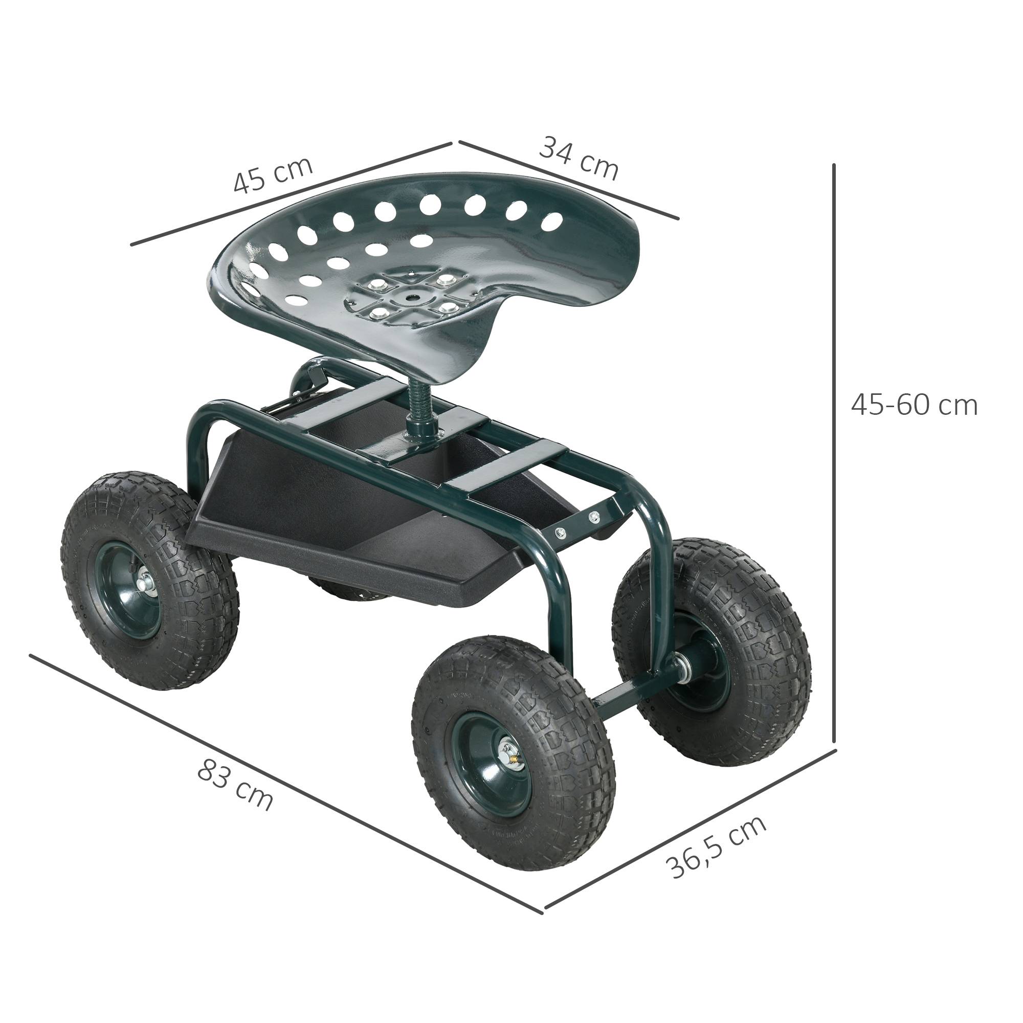Outsunny - Chaise roulante pivotante 360° réglable en hauteur avec plateau outils charge max. 150 kg vert - Outsunny - Image 3