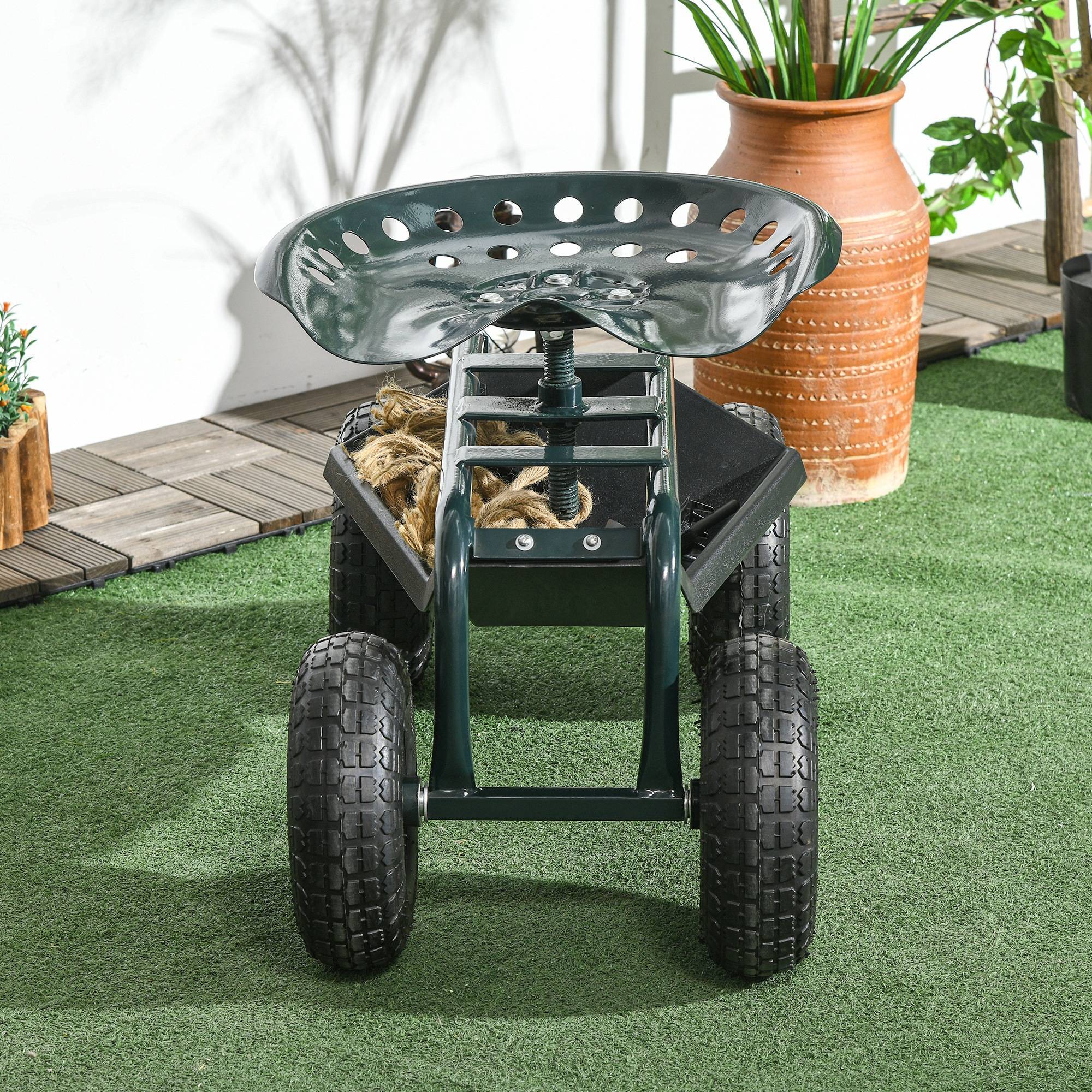Outsunny - Chaise roulante pivotante 360° réglable en hauteur avec plateau outils charge max. 150 kg vert - Outsunny - Image 8