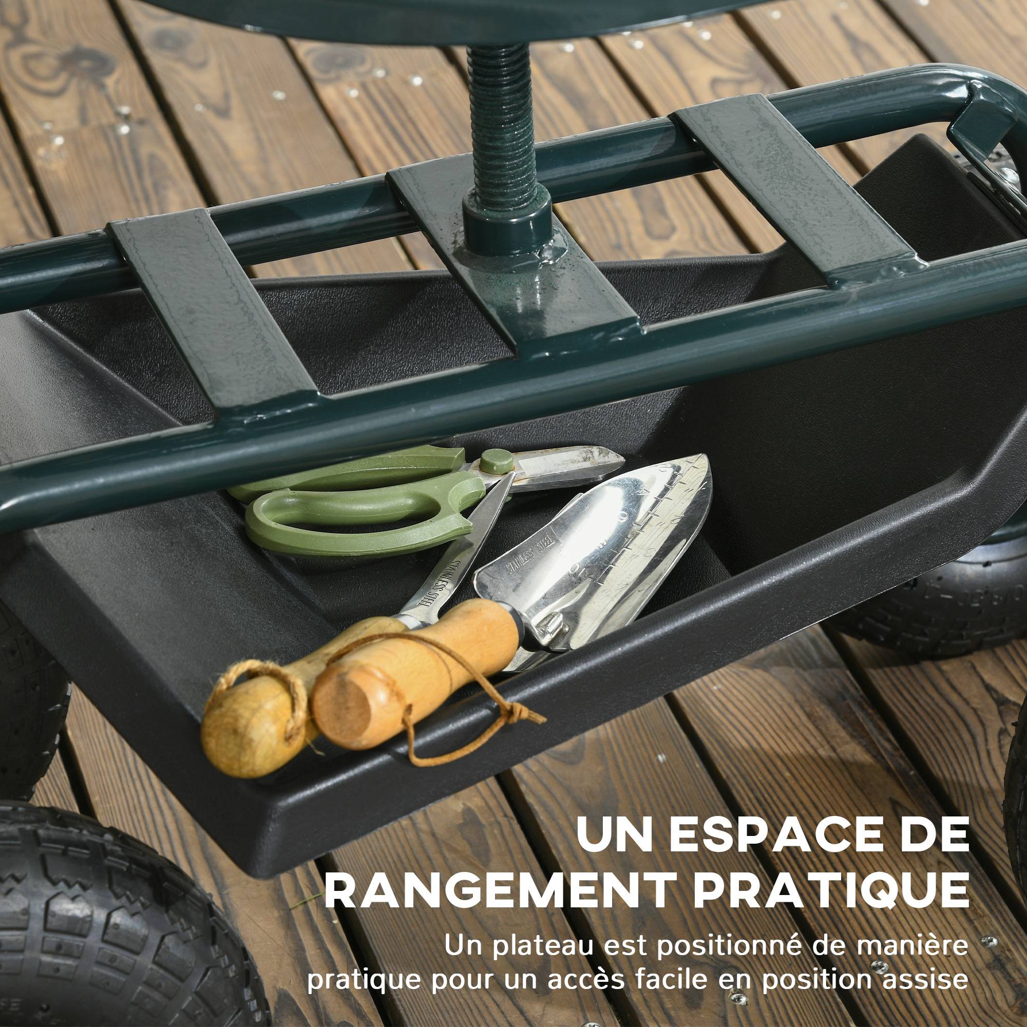 Outsunny - Chaise roulante pivotante 360° réglable en hauteur avec plateau outils charge max. 150 kg vert - Outsunny - Image 6
