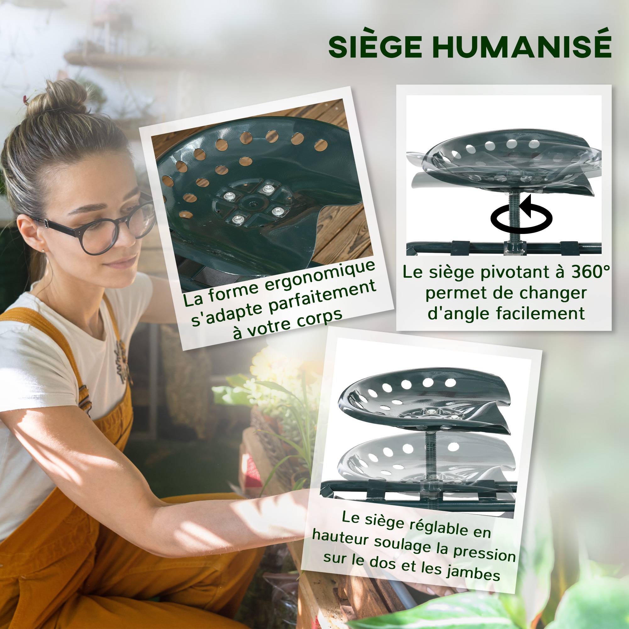 Outsunny - Chaise roulante pivotante 360° réglable en hauteur avec plateau outils charge max. 150 kg vert - Outsunny - Image 4