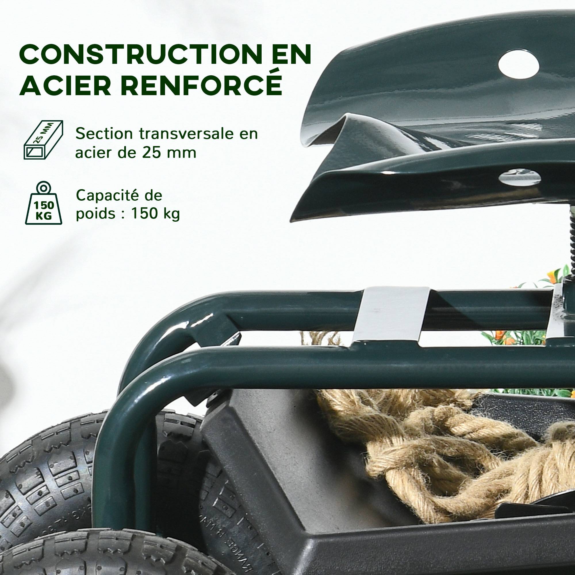 Outsunny - Chaise roulante pivotante 360° réglable en hauteur avec plateau outils charge max. 150 kg vert - Outsunny - Image 7