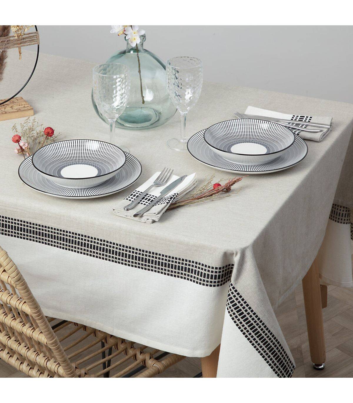 Nappe en coton bicolore Beige Lin et Blanc 150 x 250 cm - Image 3