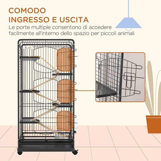Grande Cage Métal Furets Lapins 5 Plateformes Sur Roulettes 61x44x131cm Noir - ComfortXL Outdoor Living - Image 9