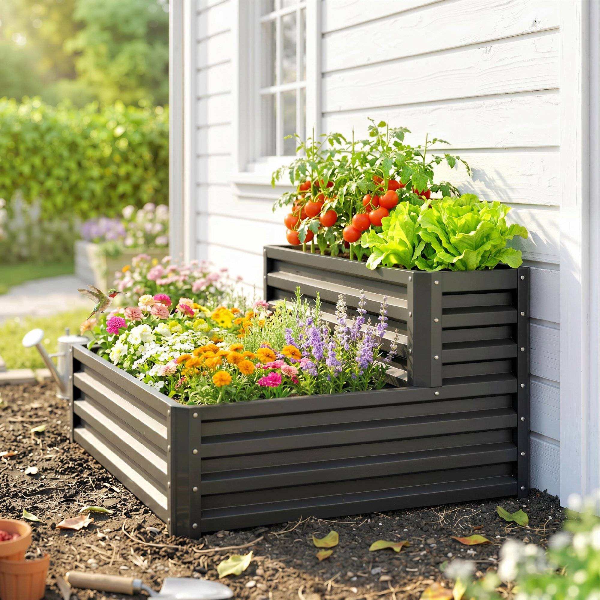 Carré potager de jardin fond ouvert 2 étages pour herbes légumes fruits fleurs 120 x 101 x 58 cm gris foncé - Image 10