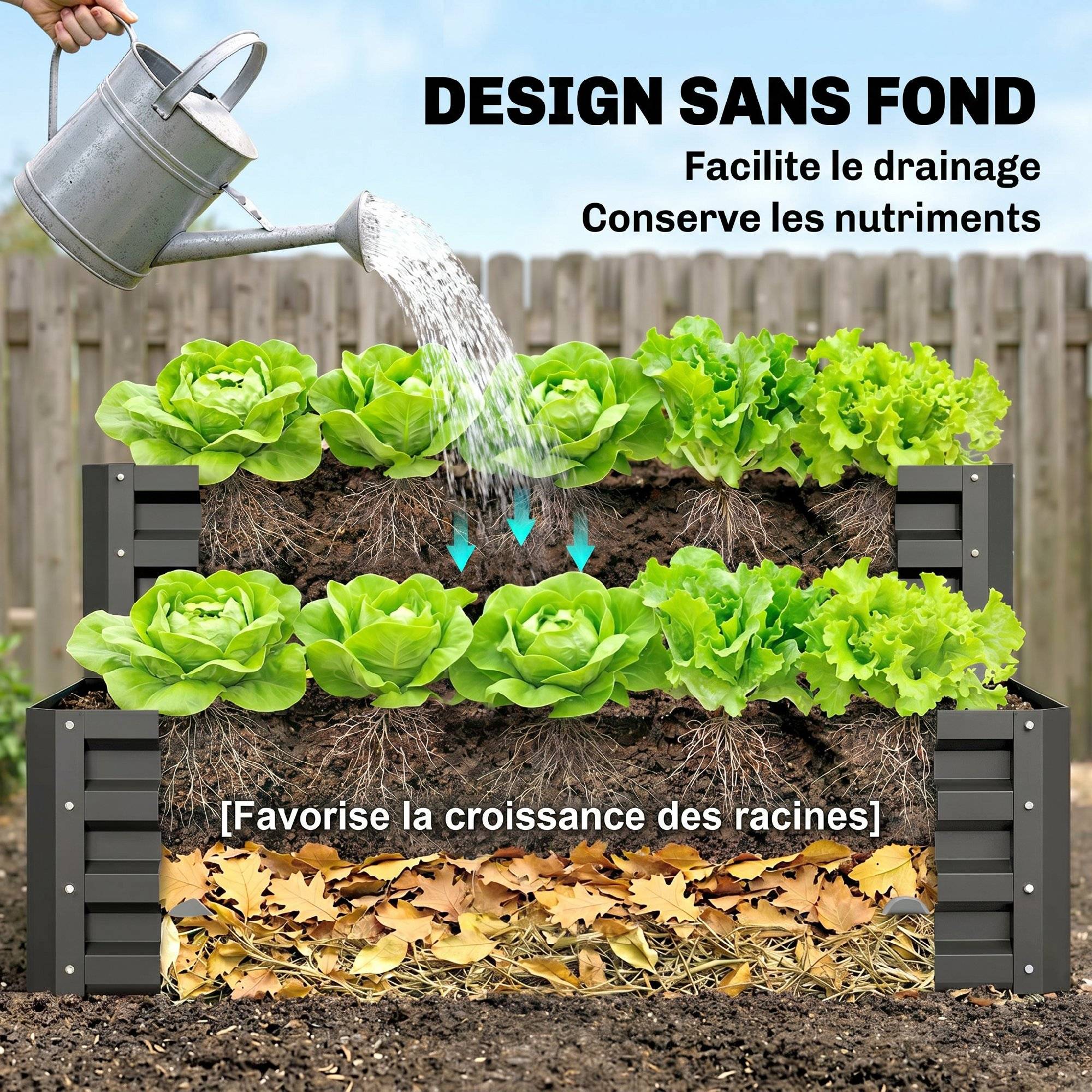 Carré potager de jardin fond ouvert 2 étages pour herbes légumes fruits fleurs 120 x 101 x 58 cm gris foncé - Image 8