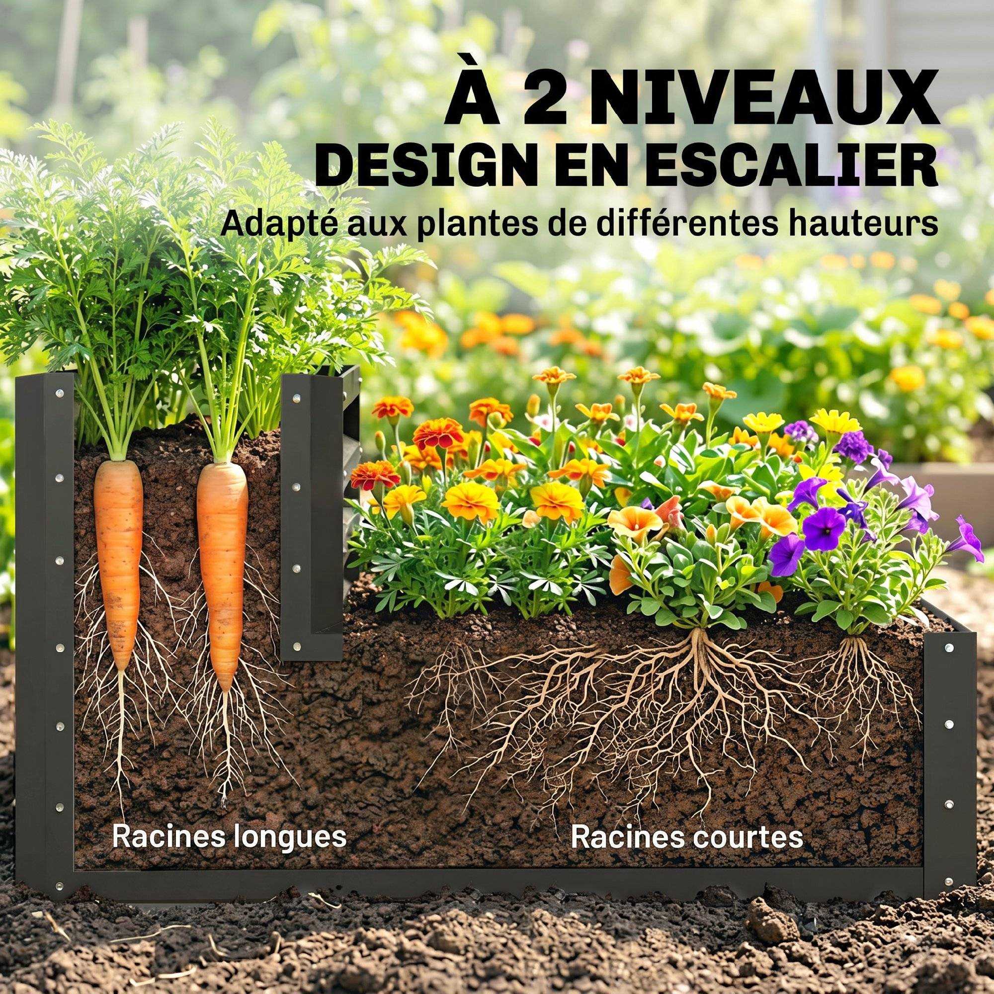 Carré potager de jardin fond ouvert 2 étages pour herbes légumes fruits fleurs 120 x 101 x 58 cm gris foncé - Image 6