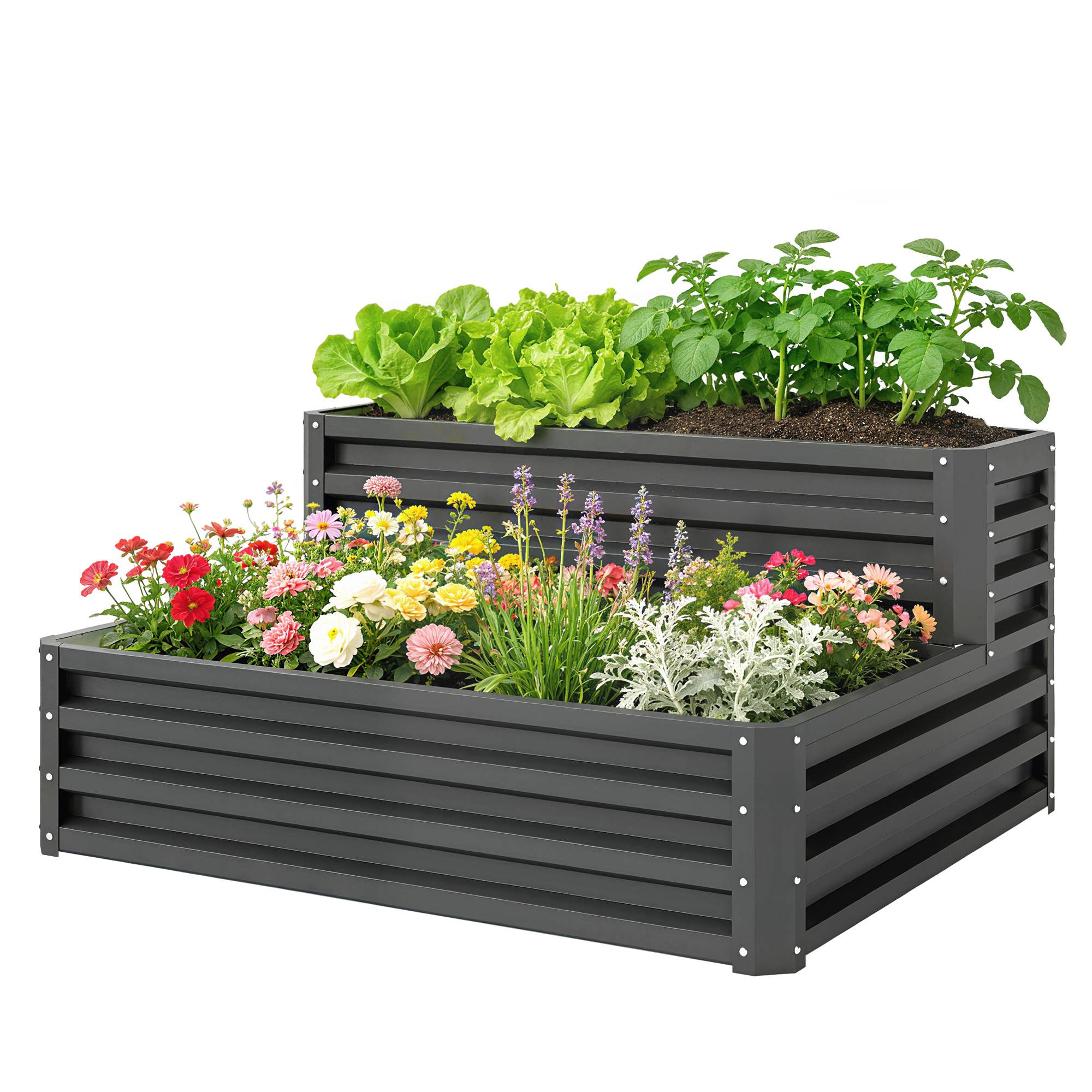 Carré potager de jardin fond ouvert 2 étages pour herbes légumes fruits fleurs 120 x 101 x 58 cm gris foncé - Image 2