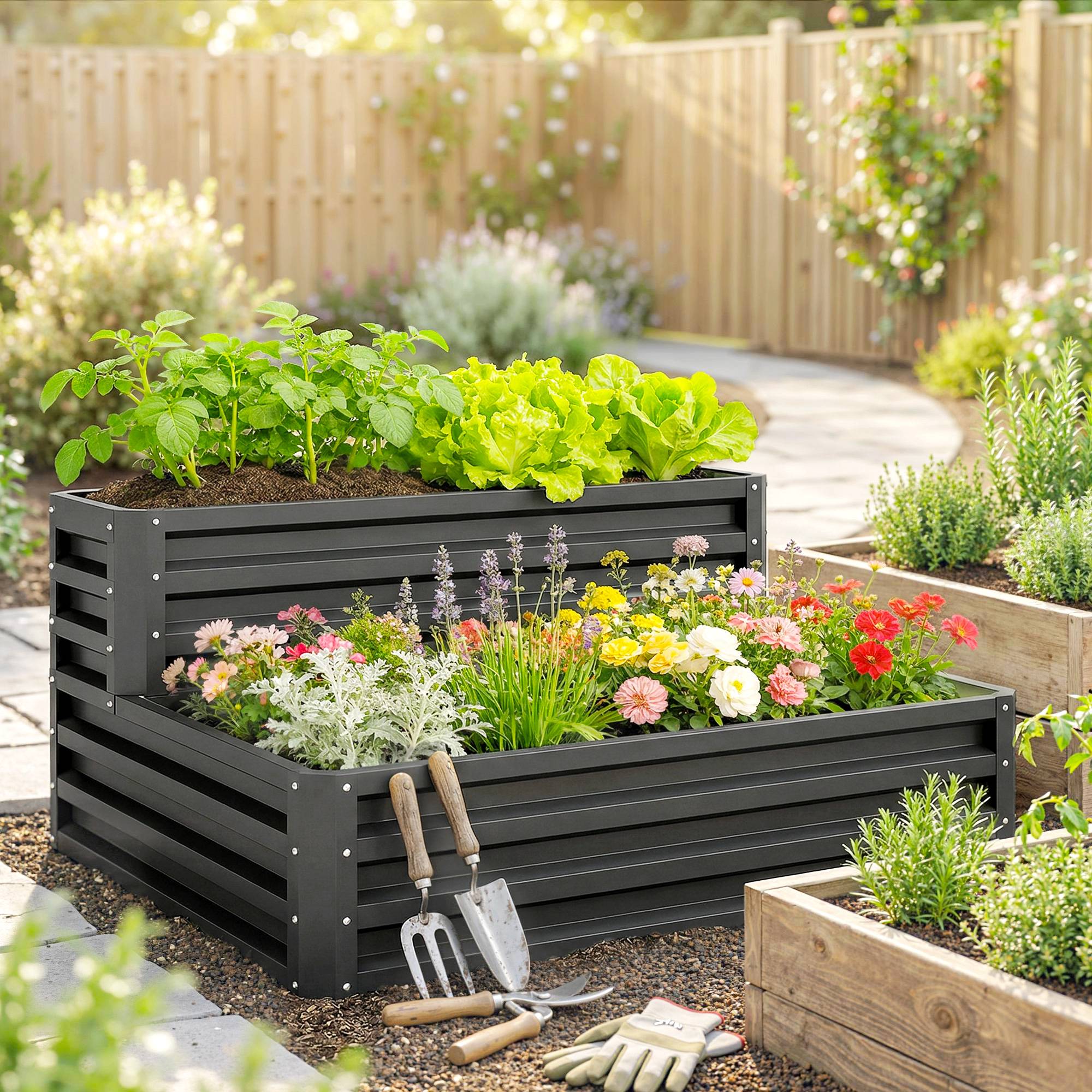 Carré potager de jardin fond ouvert 2 étages pour herbes légumes fruits fleurs 120 x 101 x 58 cm gris foncé - Image 3