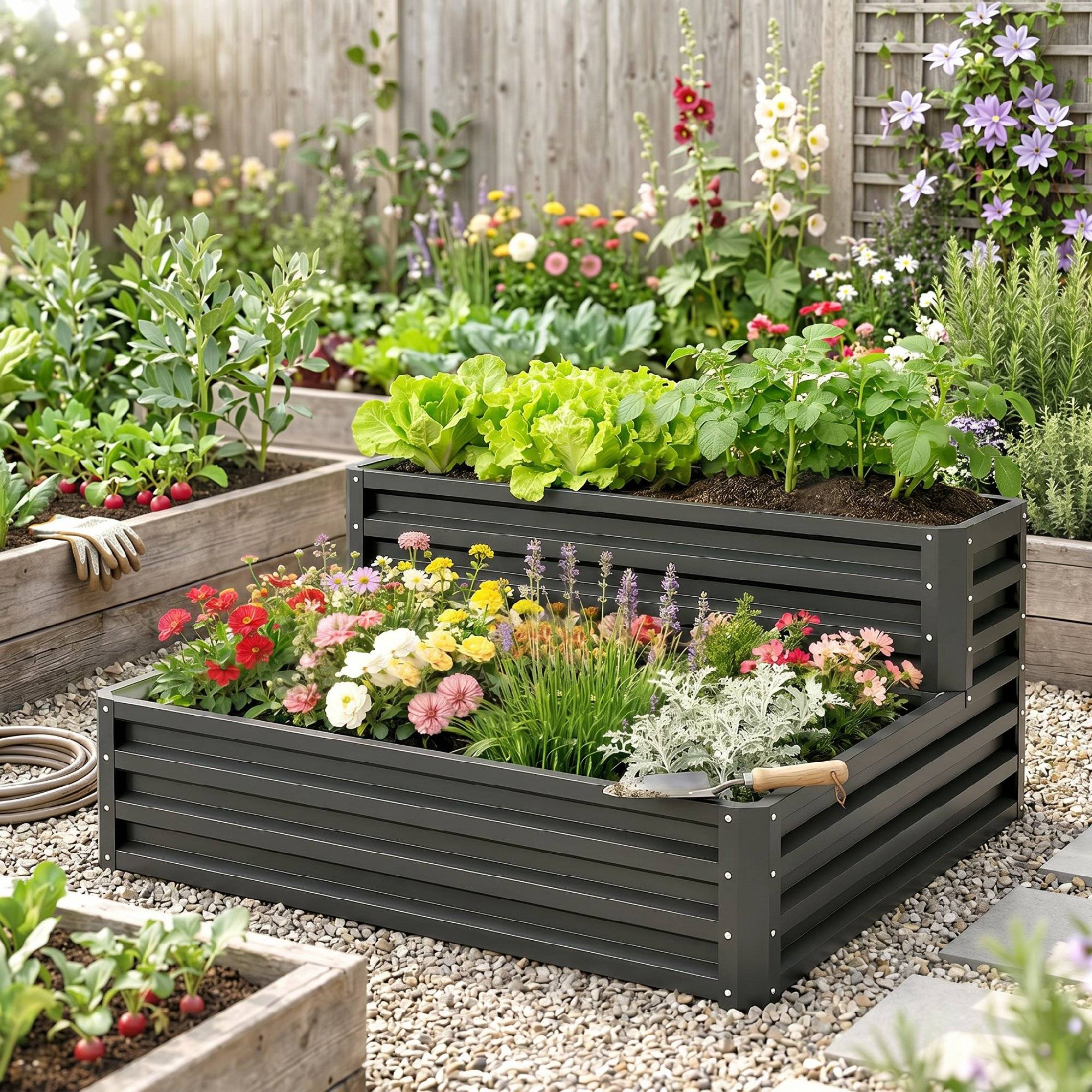 Carré potager de jardin fond ouvert 2 étages pour herbes légumes fruits fleurs 120 x 101 x 58 cm gris foncé - Image 9