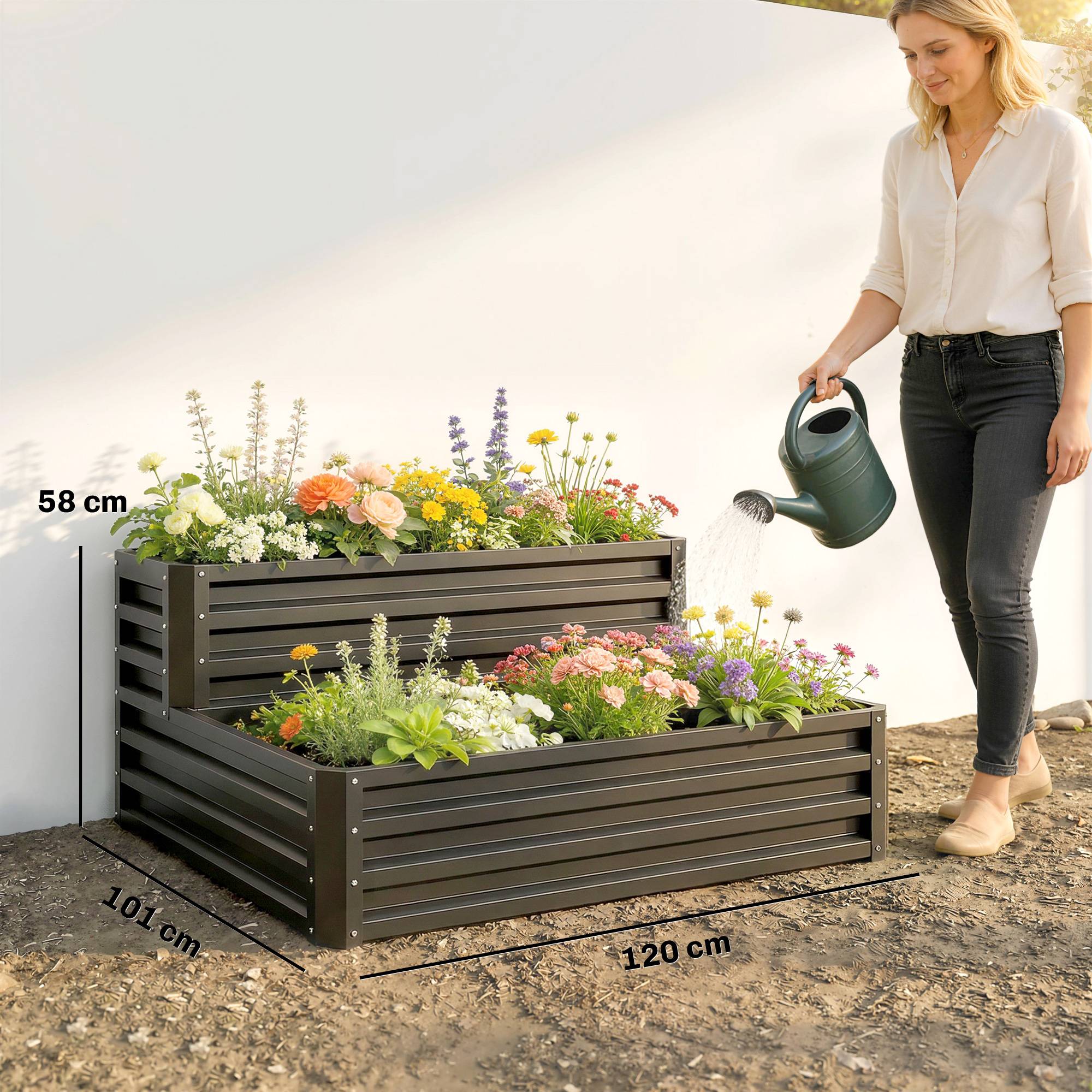 Carré potager de jardin fond ouvert 2 étages pour herbes légumes fruits fleurs 120 x 101 x 58 cm gris foncé - Image 5