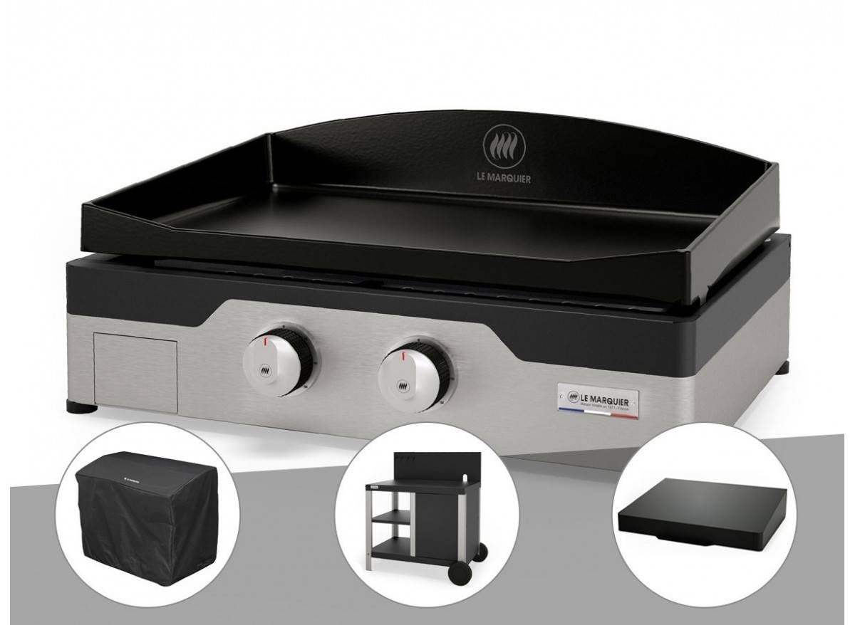 Lemarquier - Plancha gaz Signature Allure 260 Duo + Housse de protection + Chariot + Couvercle de protection - Le Marquier