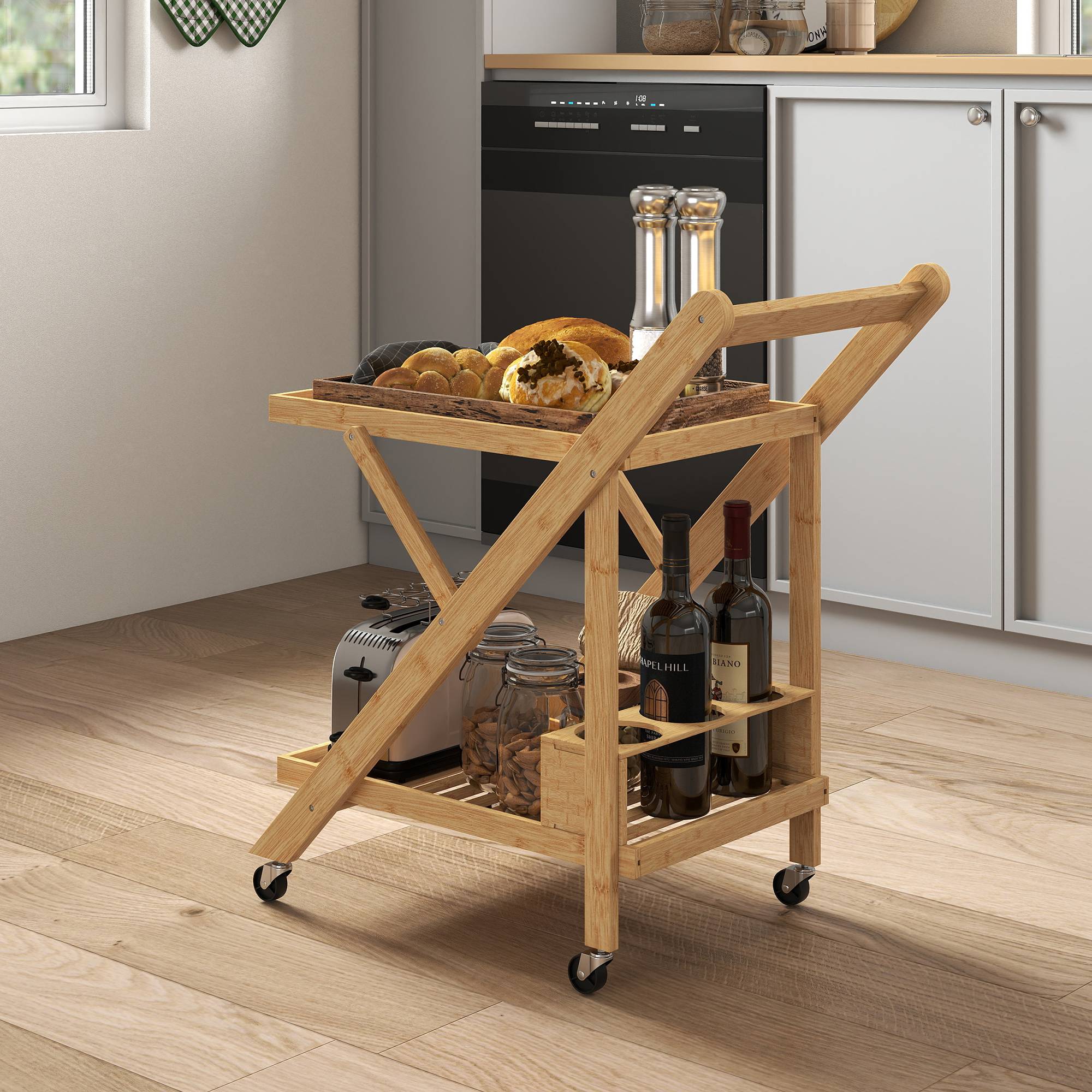 Sans Marque - Desserte cuisine bambou chariot service pliable 2 plateaux 4 roues 3 casiers vin 66x40x70 cm bois naturel - Image 3