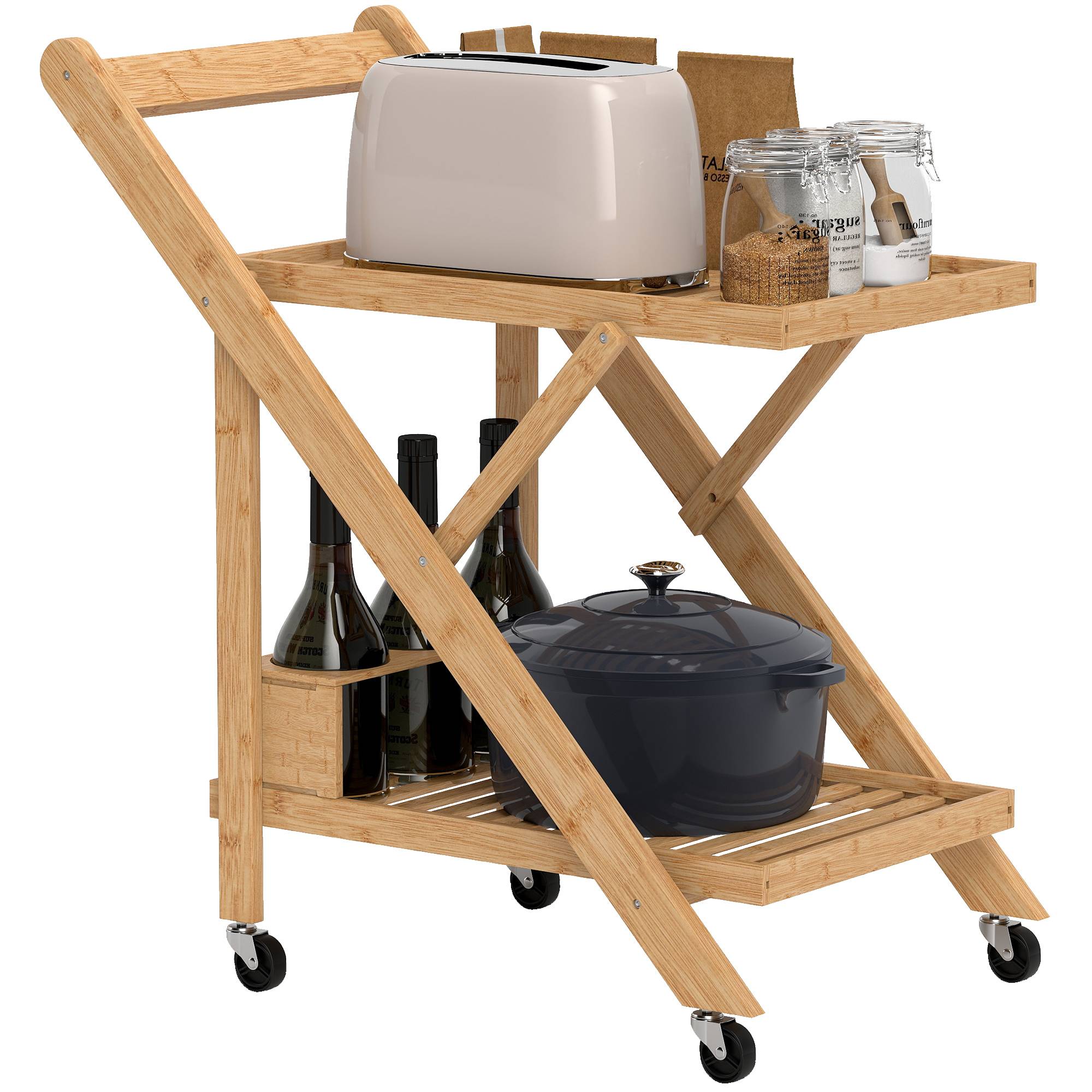 Sans Marque - Desserte cuisine bambou chariot service pliable 2 plateaux 4 roues 3 casiers vin 66x40x70 cm bois naturel - Image 1