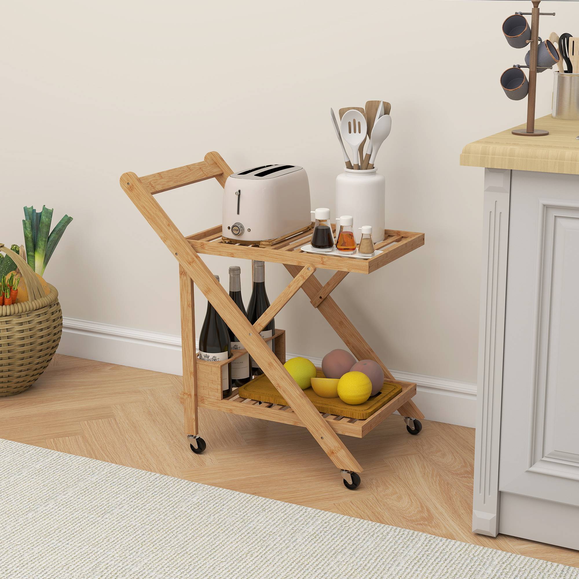 Sans Marque - Desserte cuisine bambou chariot service pliable 2 plateaux 4 roues 3 casiers vin 66x40x70 cm bois naturel - Image 4