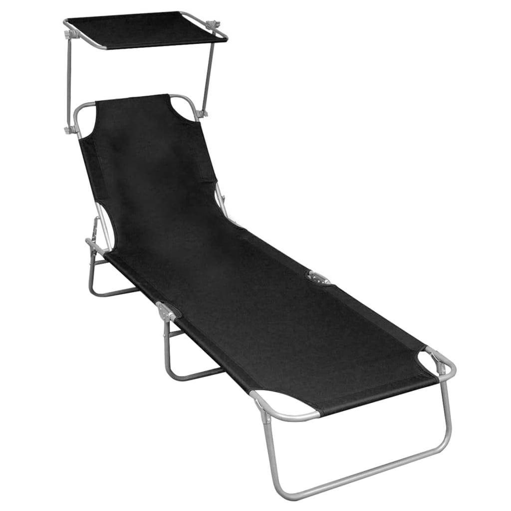 Helloshop26 - Transat chaise longue bain de soleil lit de jardin terrasse meuble d'extérieur pliable avec auvent noir aluminium - Image 1