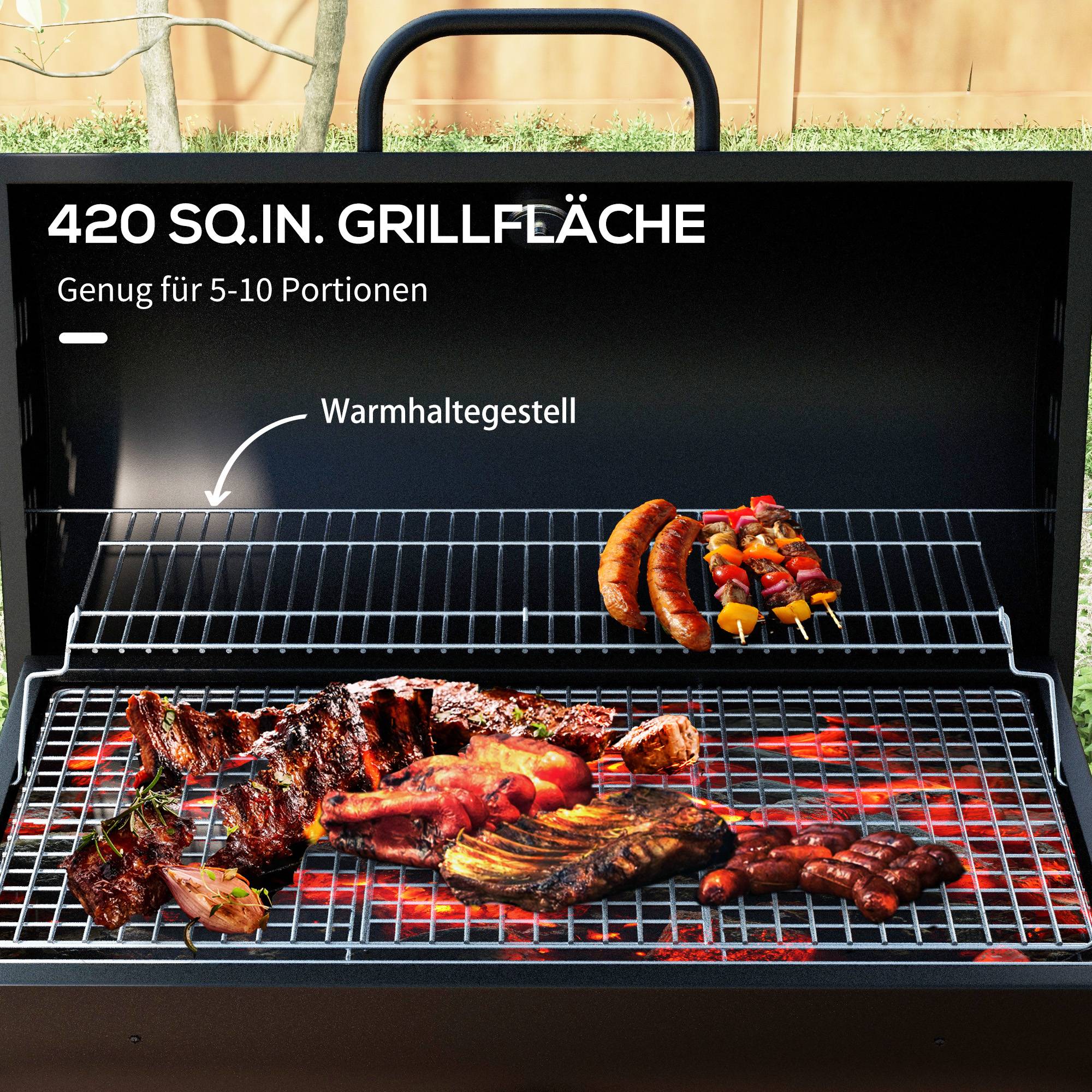 Barbecue charbon métal jardin avec couvercle thermomètre et roulettes noir 95x71cm - ComfortXL Outdoor Living - Image 4