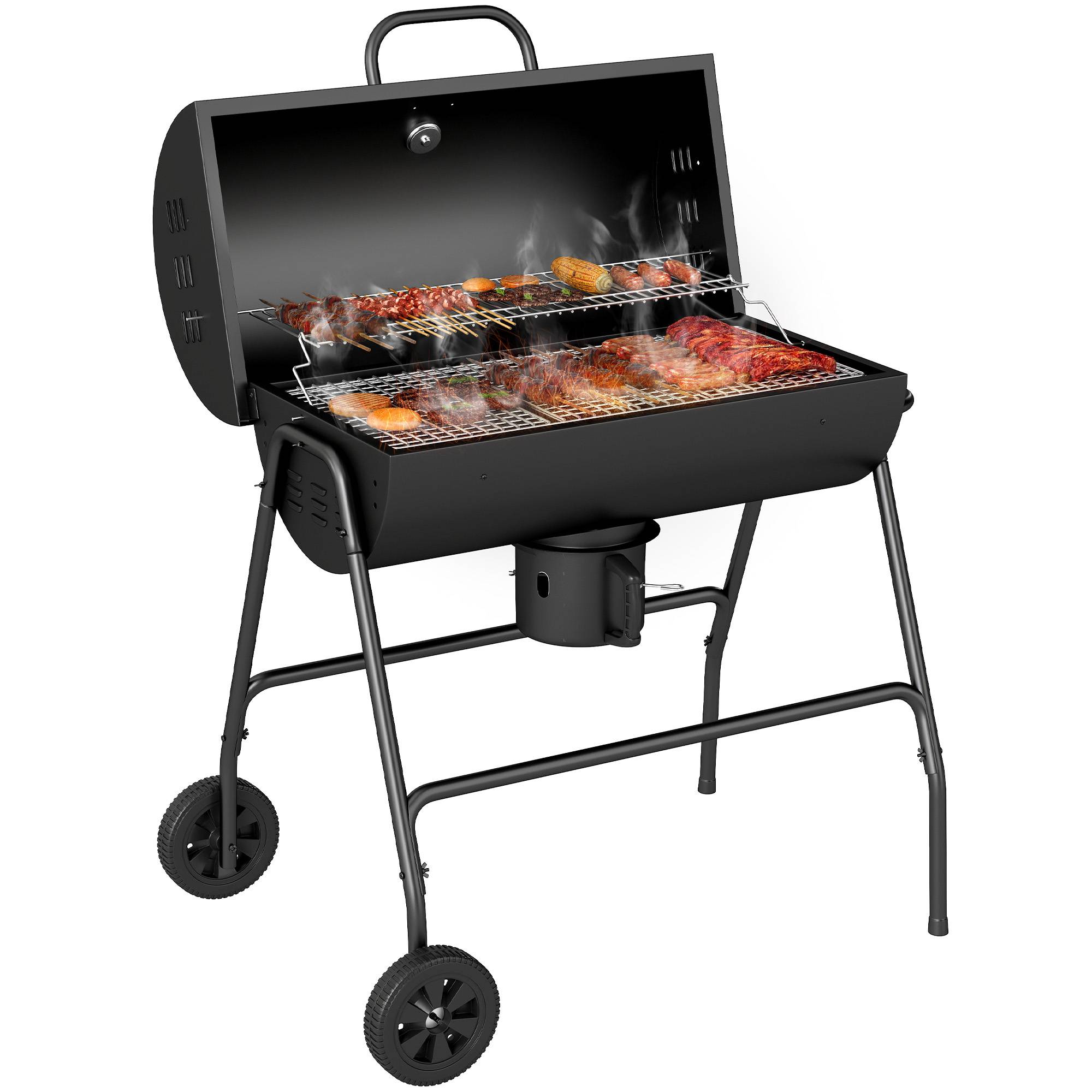 Barbecue charbon métal jardin avec couvercle thermomètre et roulettes noir 95x71cm - ComfortXL Outdoor Living - Image 2