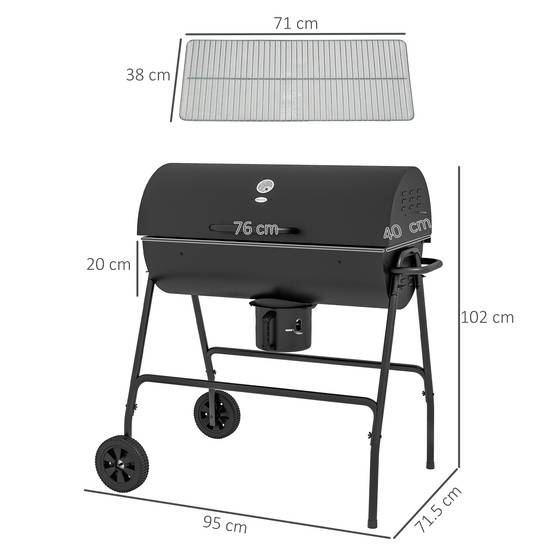 Barbecue charbon métal jardin avec couvercle thermomètre et roulettes noir 95x71cm - ComfortXL Outdoor Living - Image 3