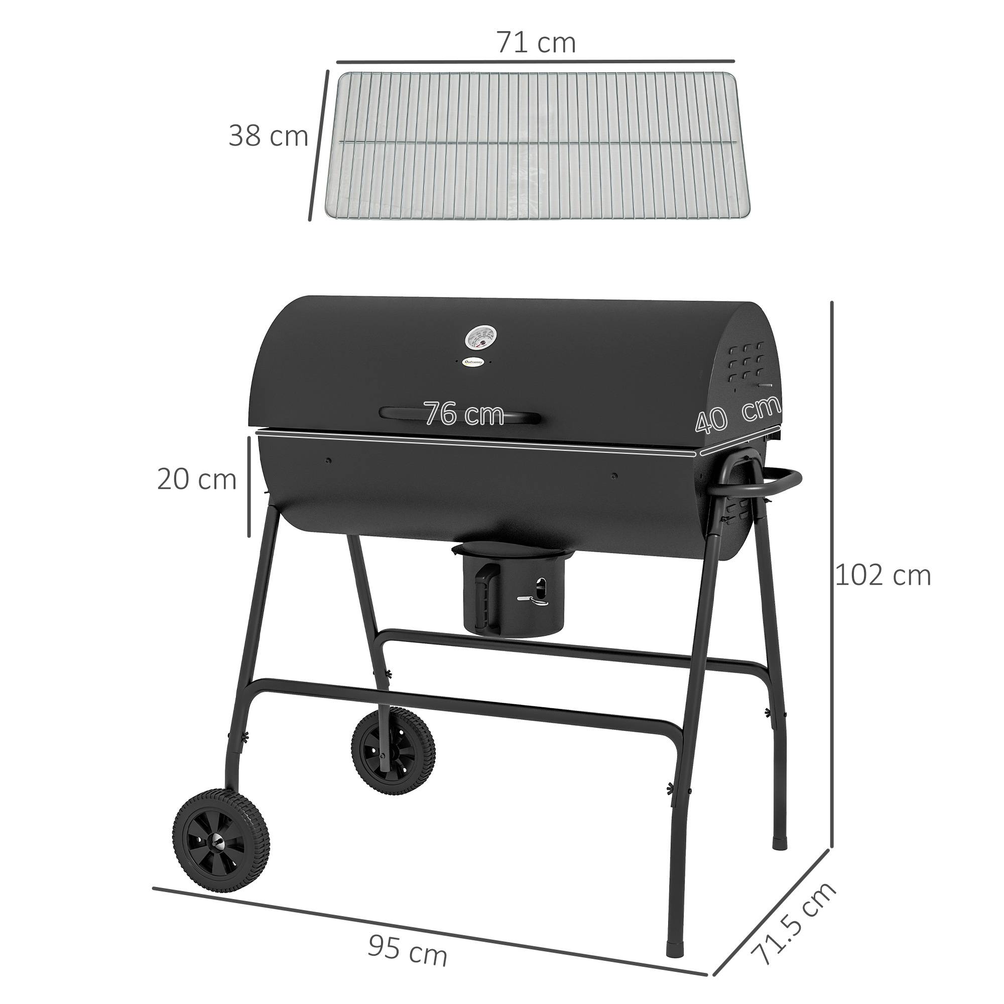 Barbecue charbon métal jardin avec couvercle thermomètre et roulettes noir 95x71cm - ComfortXL Outdoor Living - Image 3