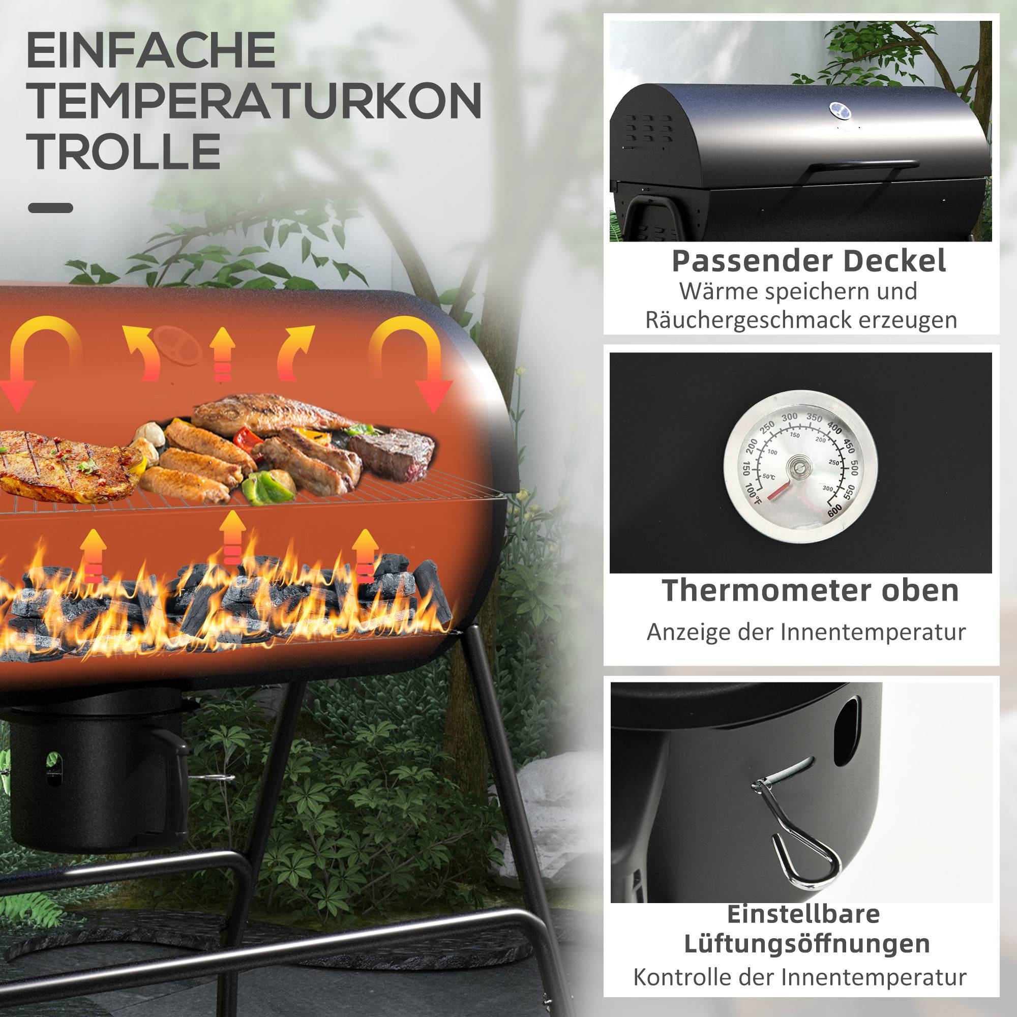 Barbecue charbon métal jardin avec couvercle thermomètre et roulettes noir 95x71cm - ComfortXL Outdoor Living - Image 6