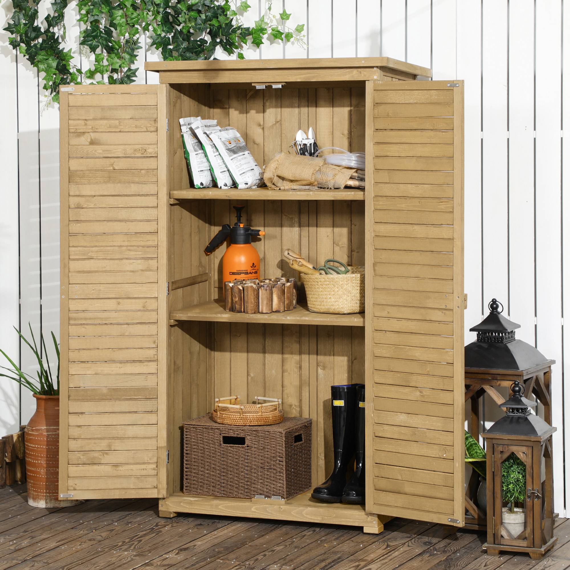 ComfortXL - Armoire de jardin en sapin naturel 87 x 46,5 x 160 cm pour extérieur avec 3 étagères et portes persiennées - Image 1