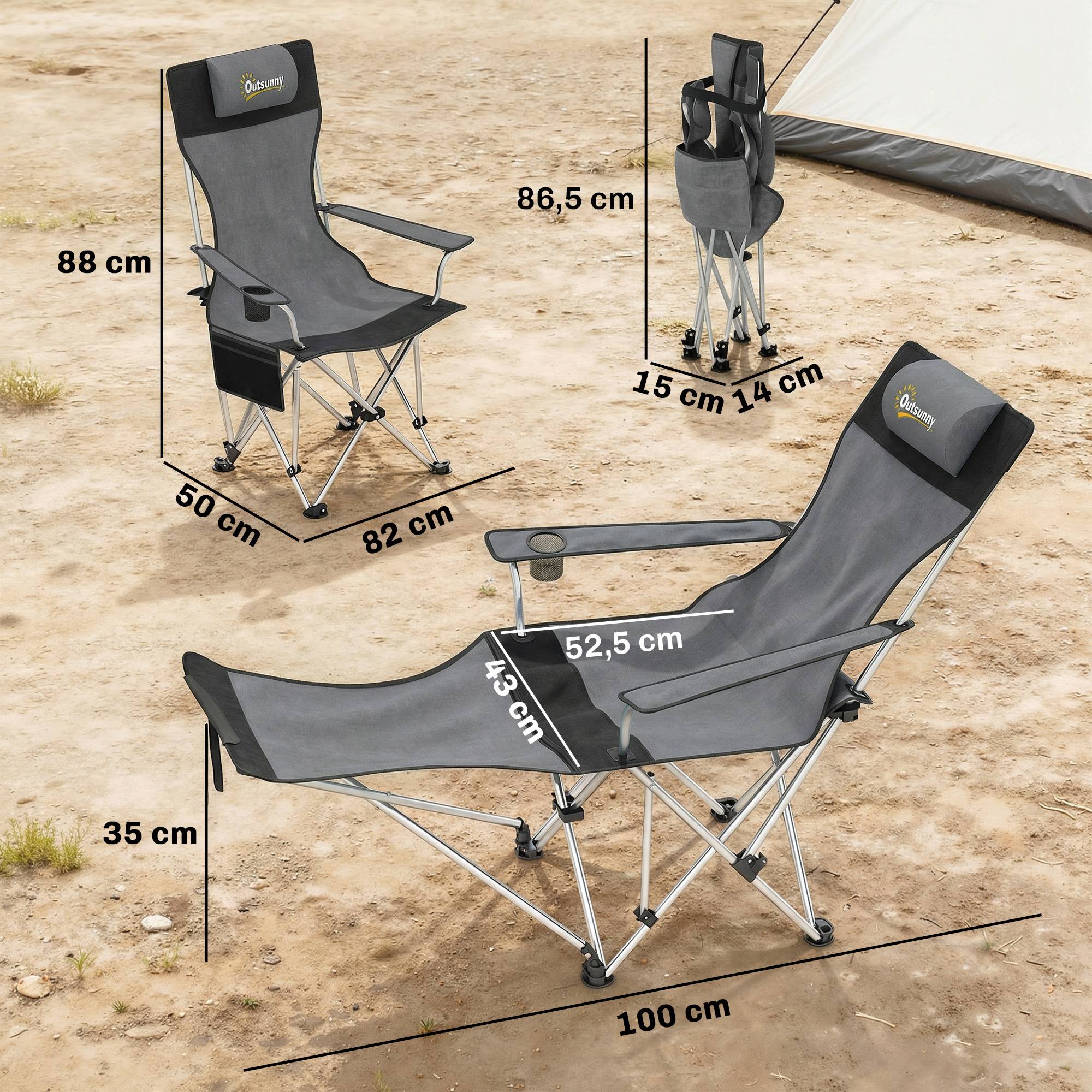 Lot de 2 chaises de camping pliables tissu Oxford gris 125 x 48 x 90 cm - PANGIVO - Image 5