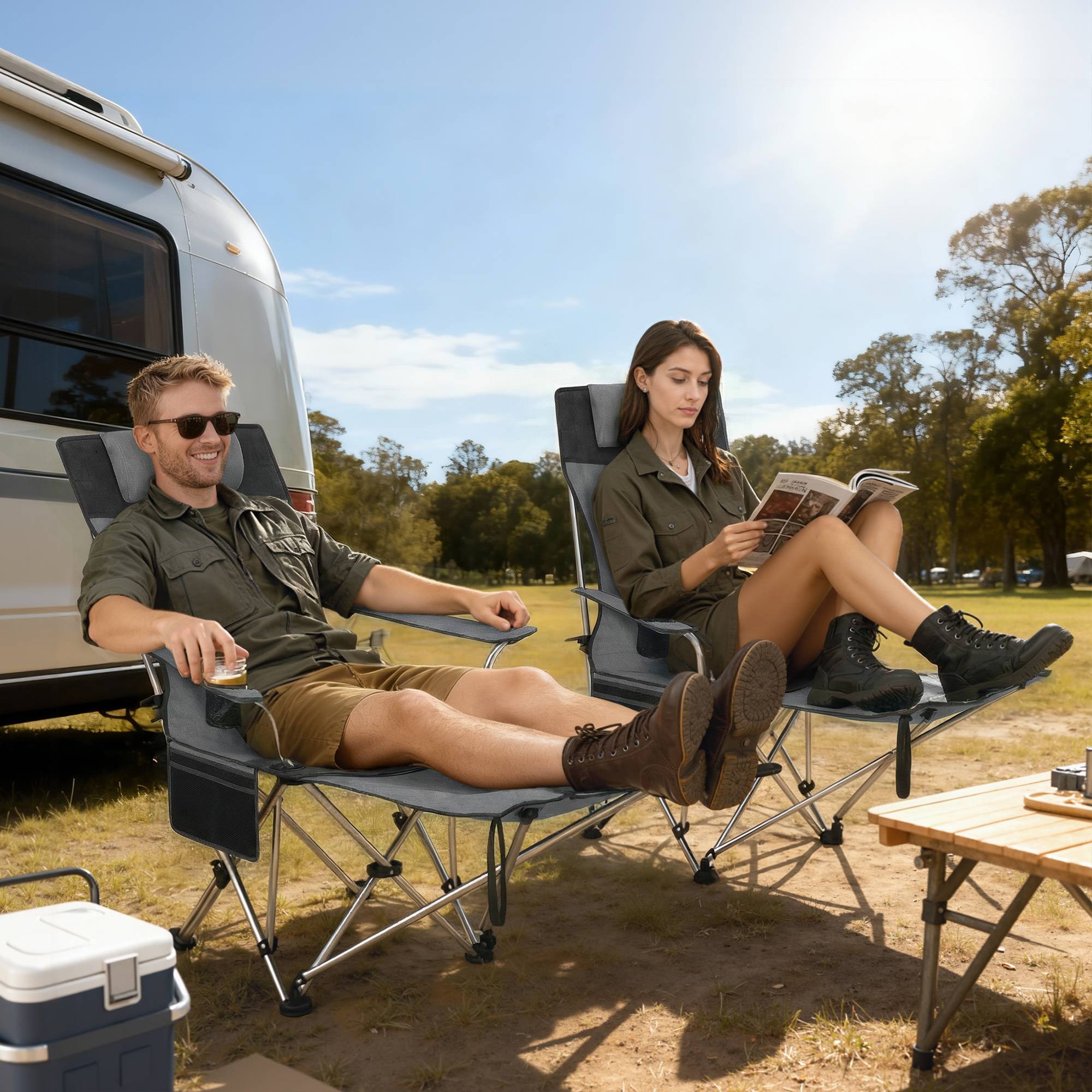 Lot de 2 chaises de camping pliables tissu Oxford gris 125 x 48 x 90 cm - PANGIVO - Image 3