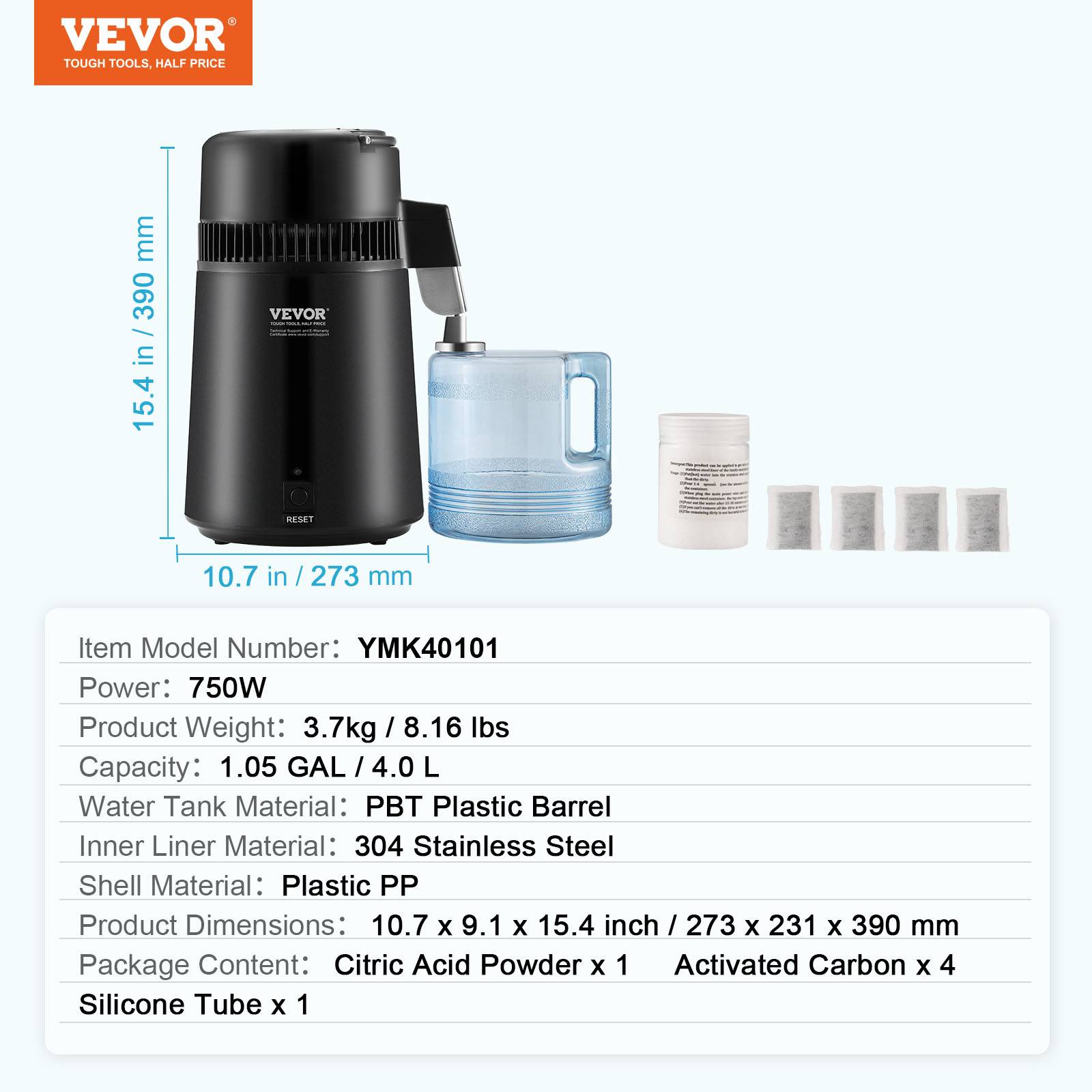 VEVOR Distillateur d'eau 4L inox, 1L/h 750W, récipient PBT, pour purification eau robinet maison/bureau. - Image 7