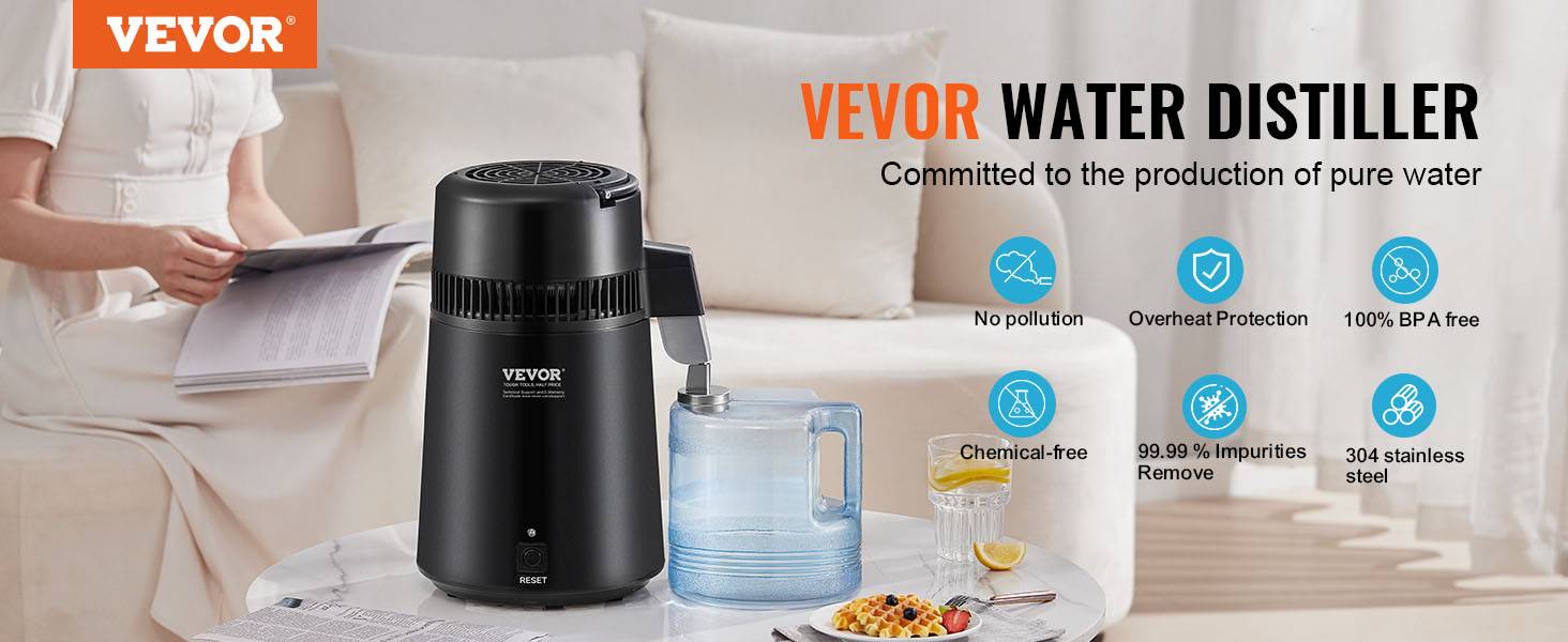 VEVOR Distillateur d'eau 4L inox, 1L/h 750W, récipient PBT, pour purification eau robinet maison/bureau. - Image 9