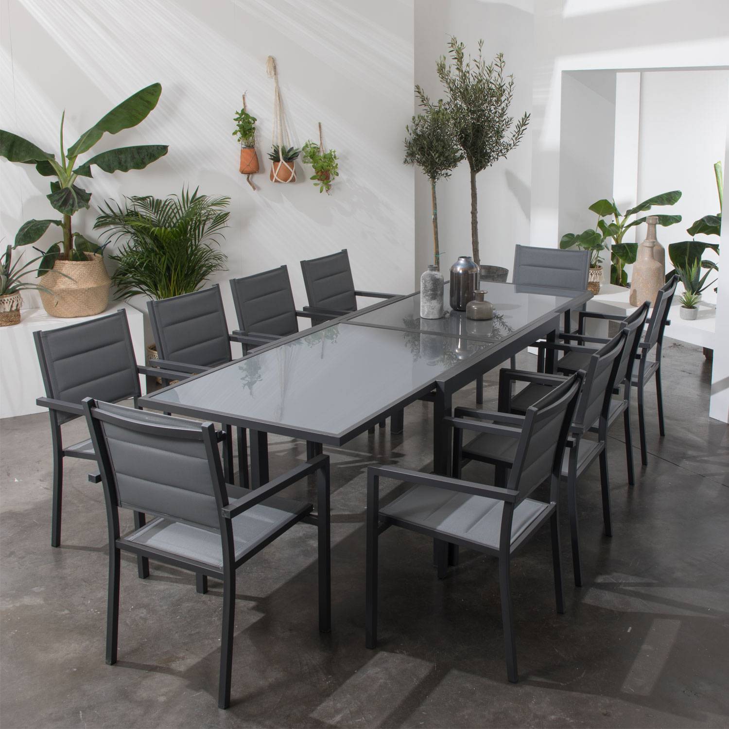 Happy Garden - Salon de jardin LAMPEDUSA extensible en textilène gris 10 places - aluminium anthracite - HAPPY GARDEN - Image 2